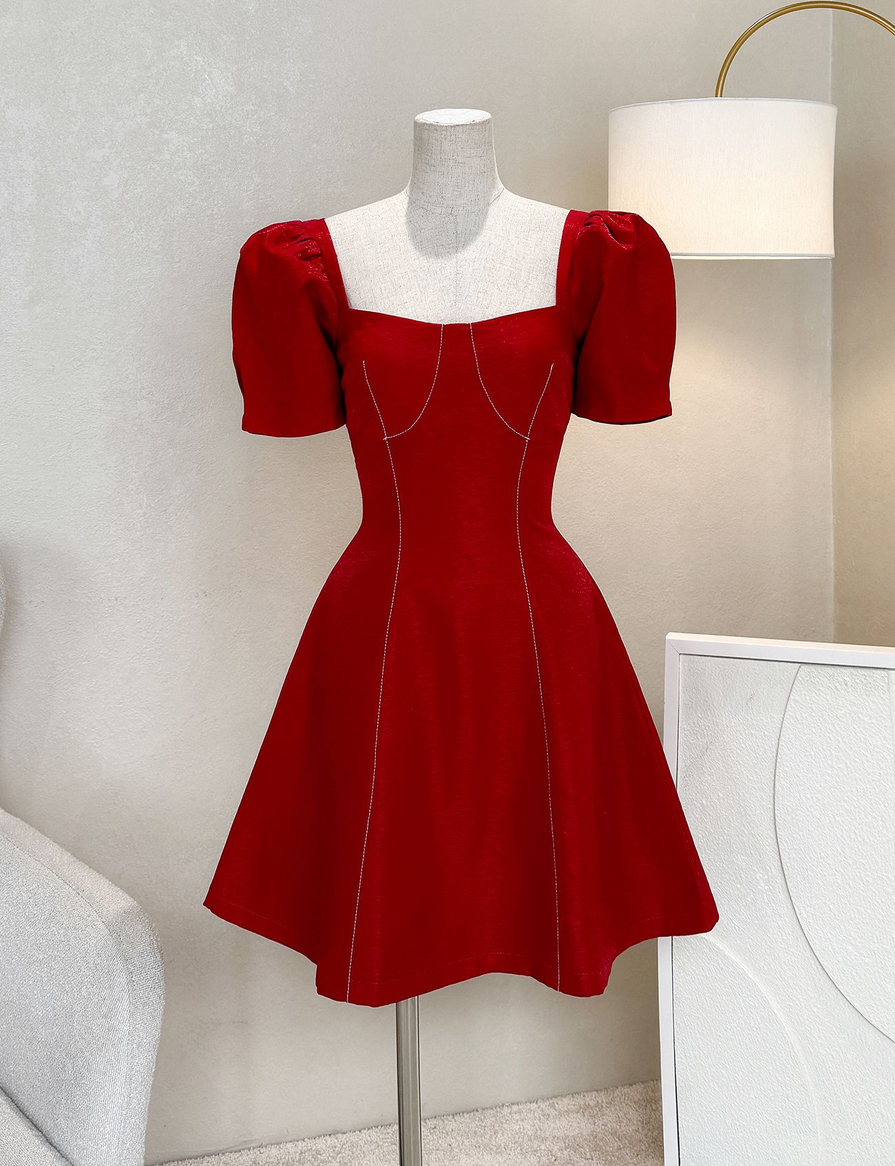 Đầm xòe ngắn viền chỉ cột dây nơ - D2926