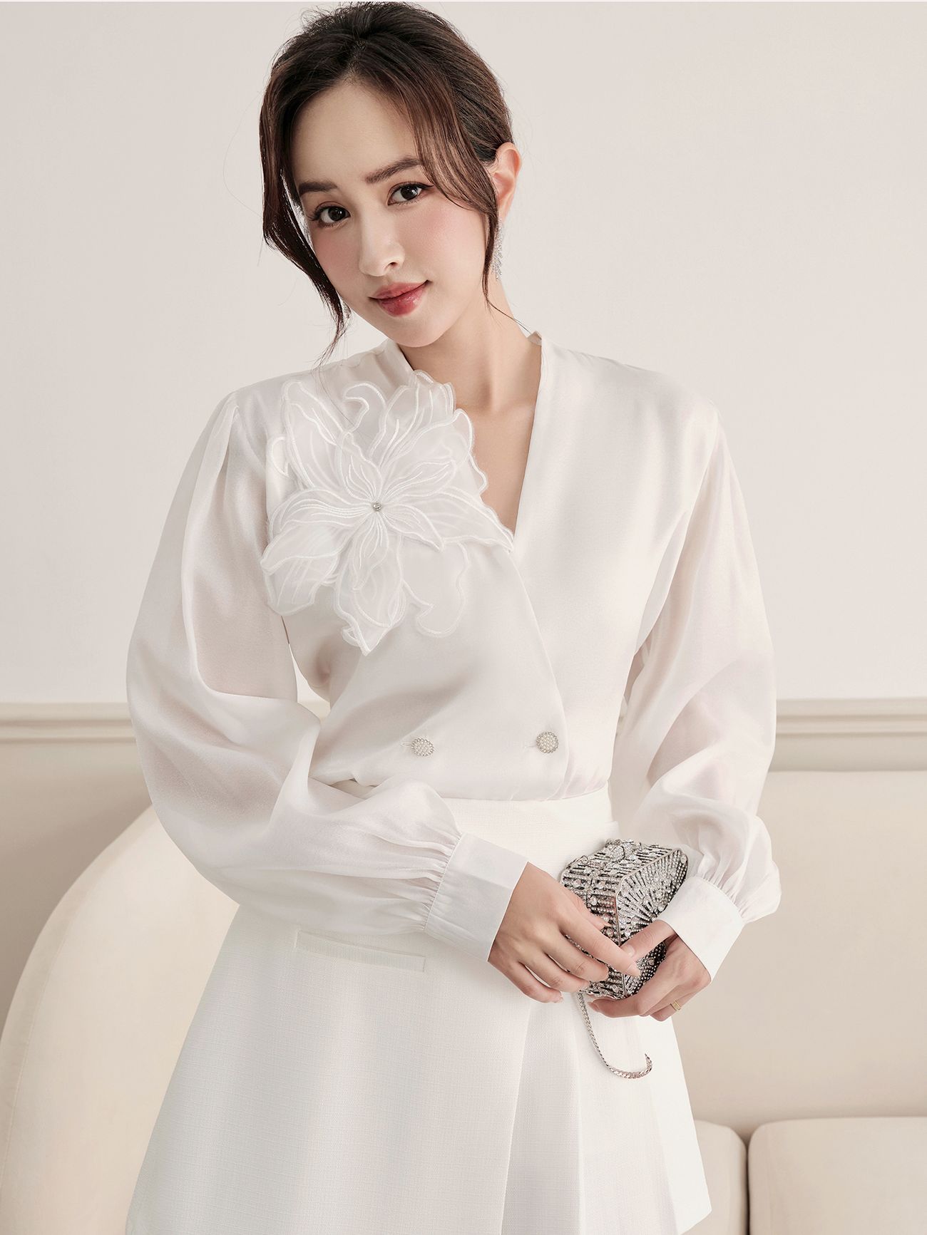 Set áo voan hoa phối chân váy - K3750