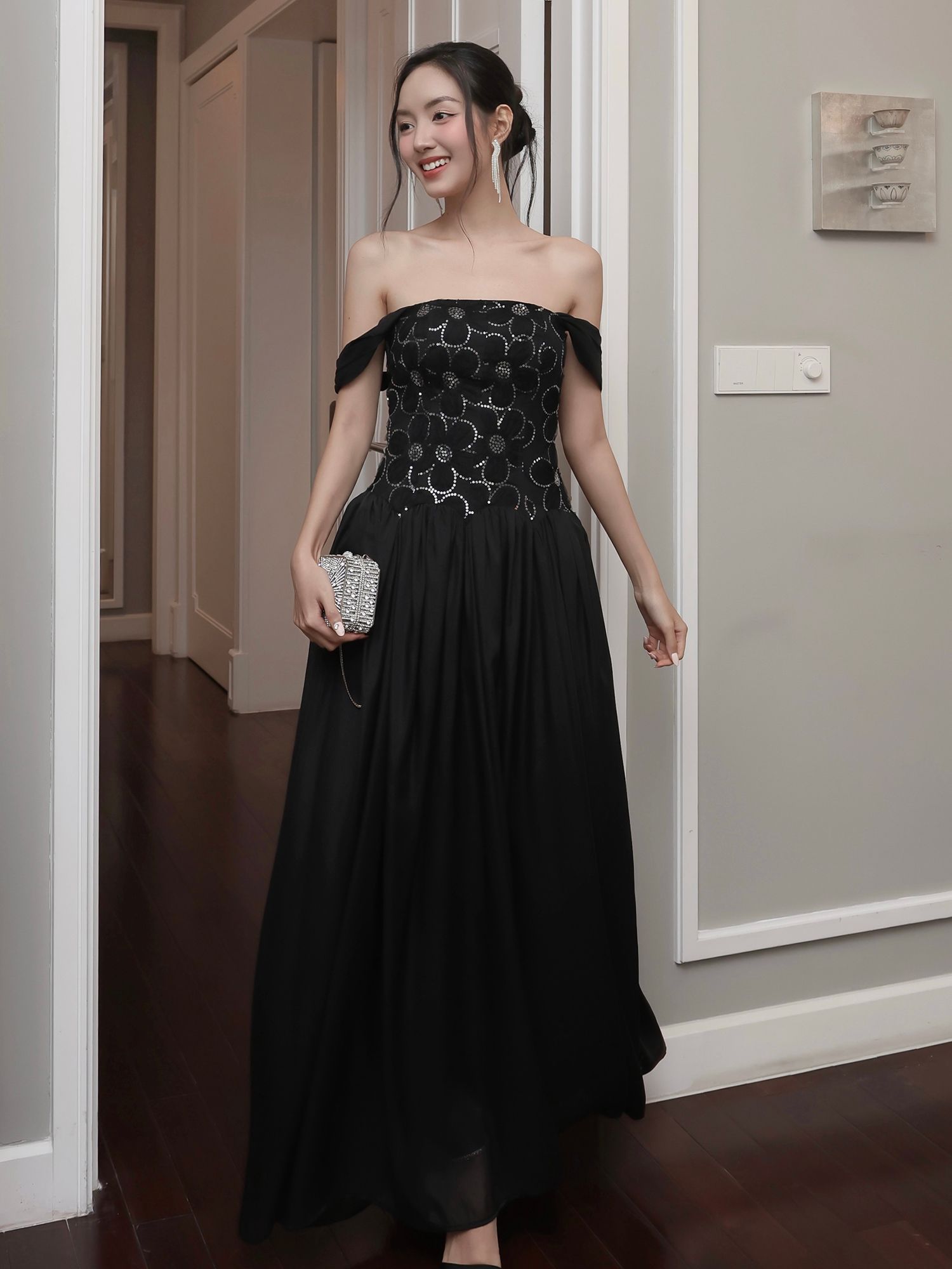 Đầm dự tiệc dài xòe phối sequin - D4257B