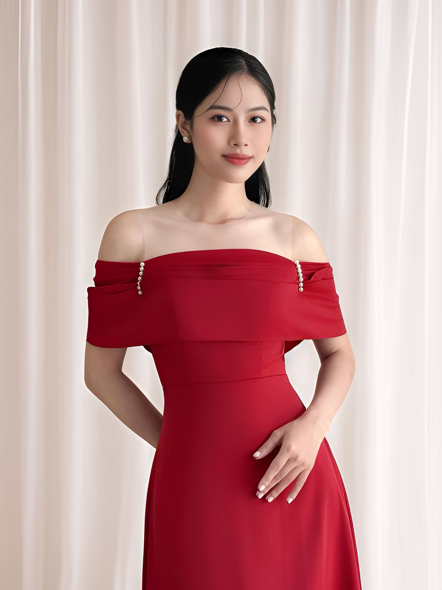 Đầm dự tiệc trễ vai form dài - D746