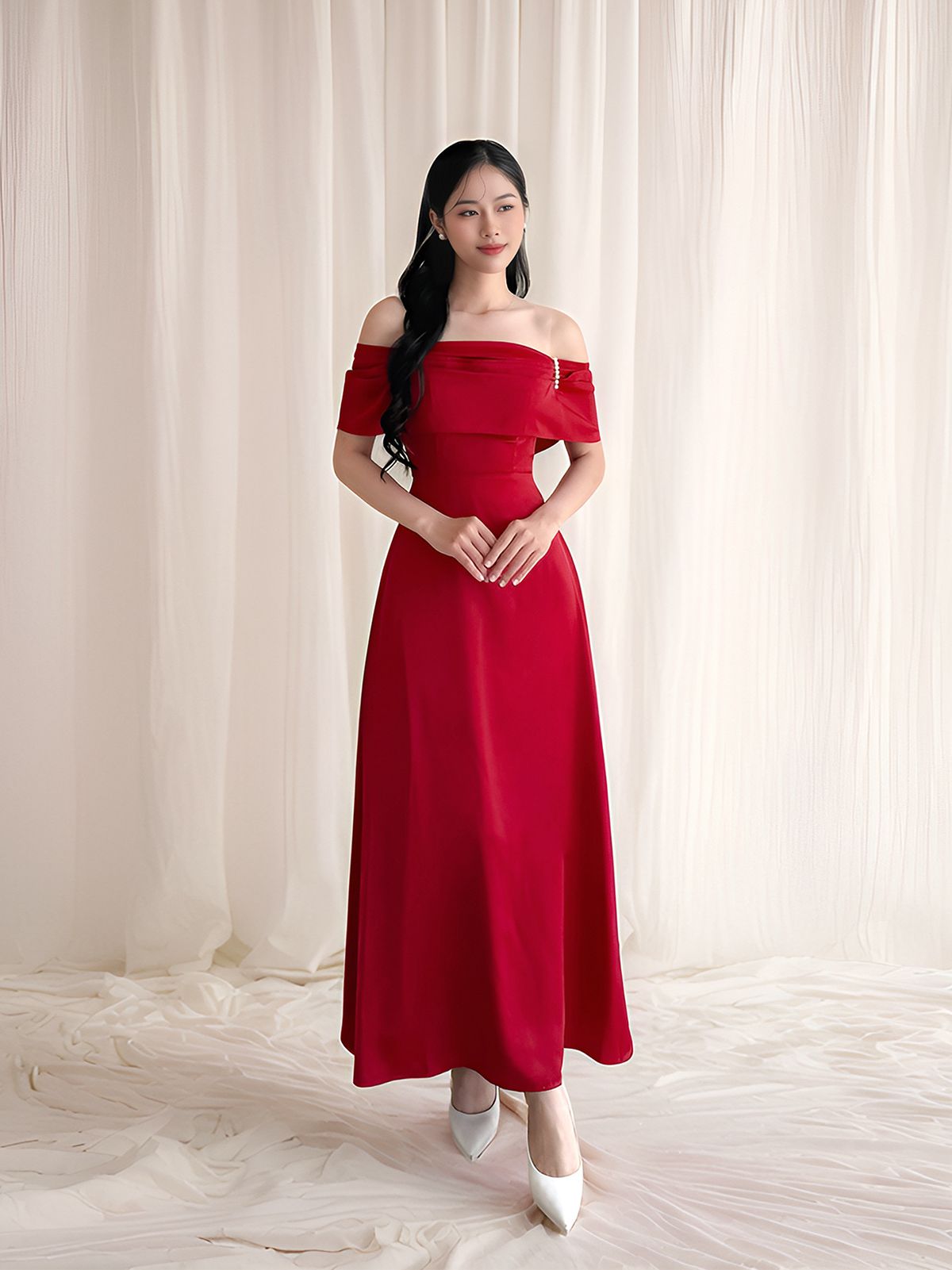 Đầm dự tiệc trễ vai form dài - D746