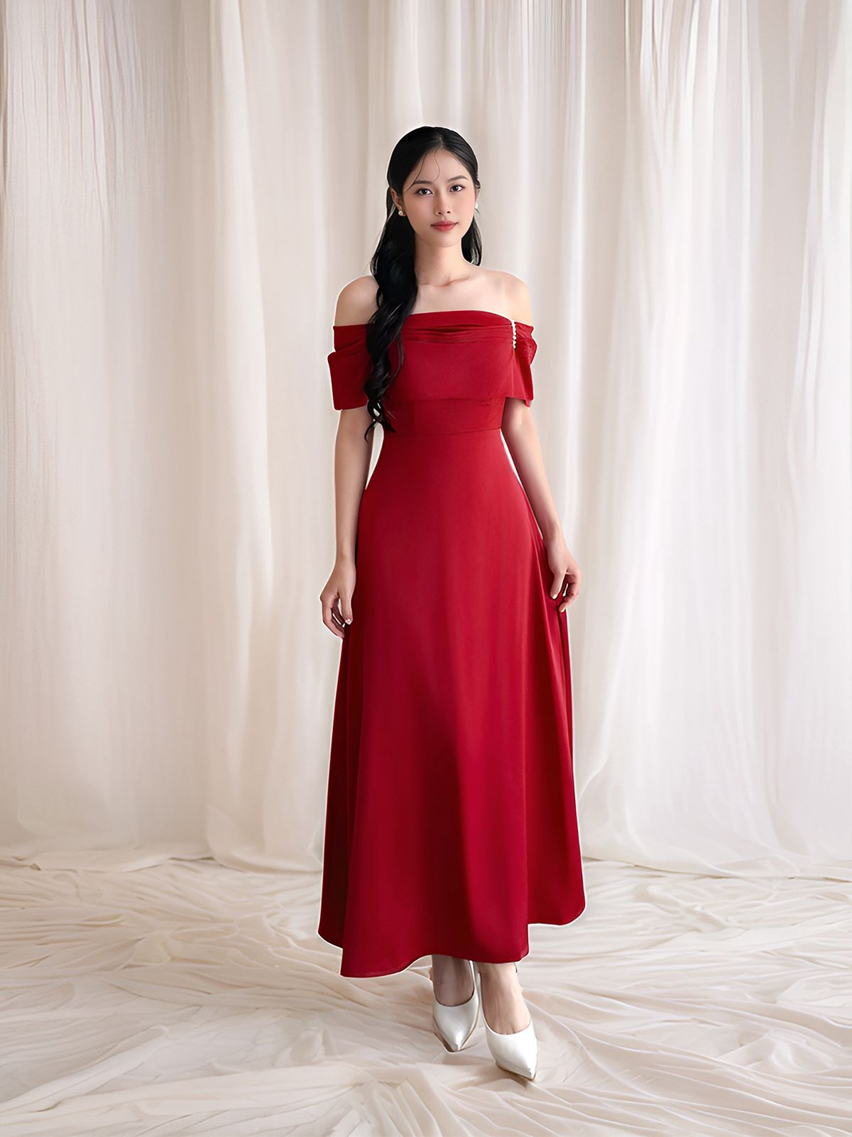 Đầm dự tiệc trễ vai form dài - D746