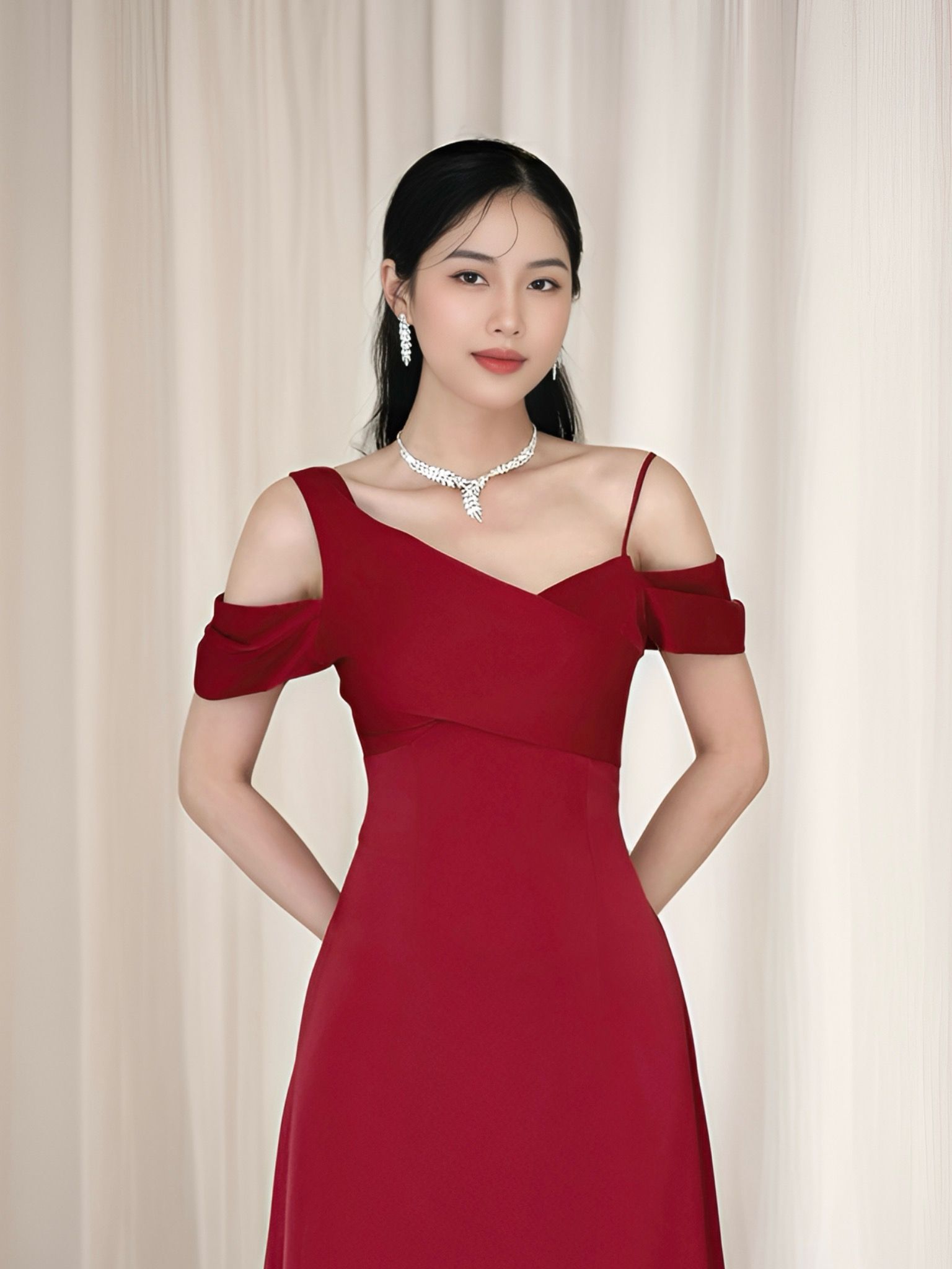 Đầm dự tiệc lụa xòe lệch vai - D1293