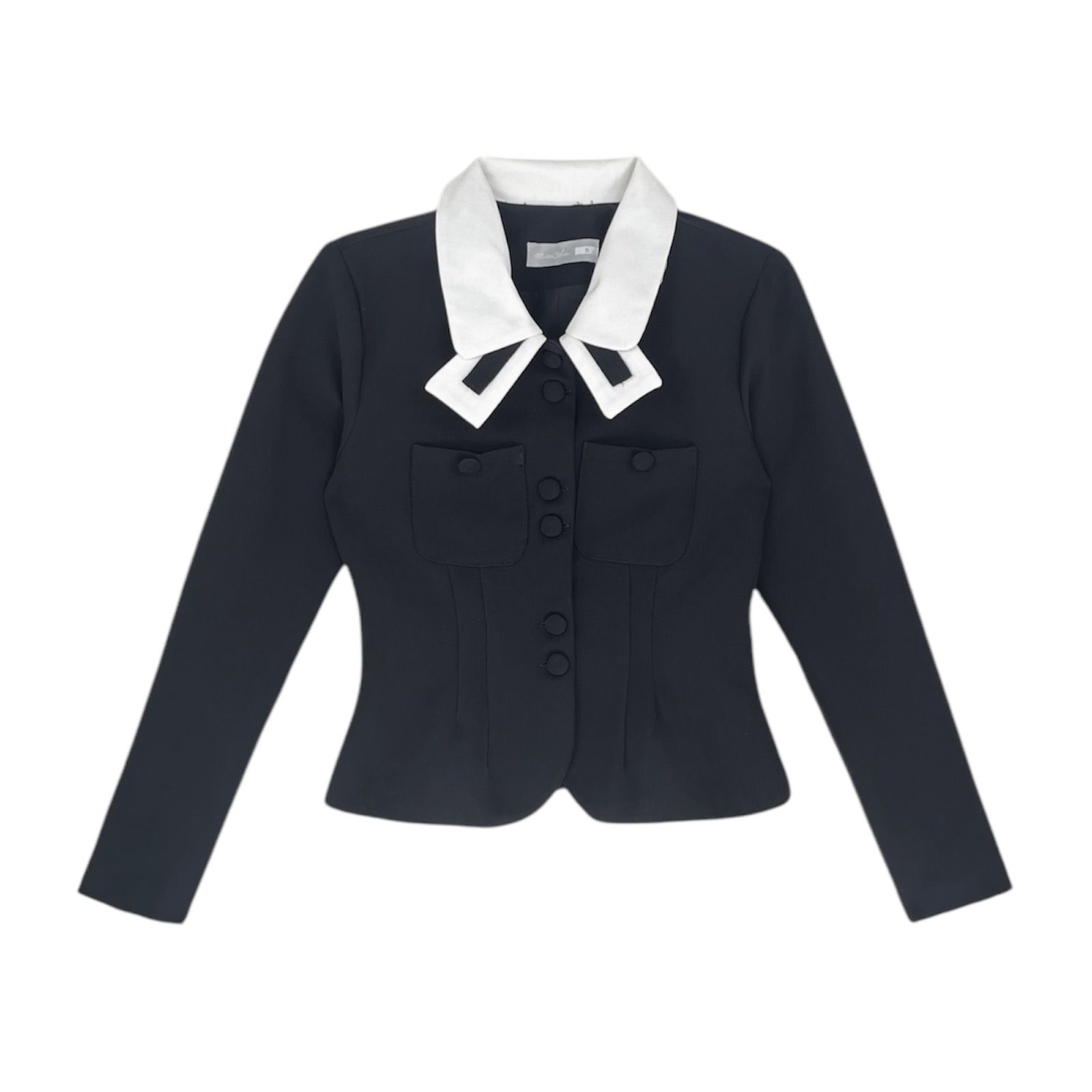 Áo kiểu cổ sơ mi phối trắng tay dài nút bọc form thắt eo chất cotton chéo - A4100B