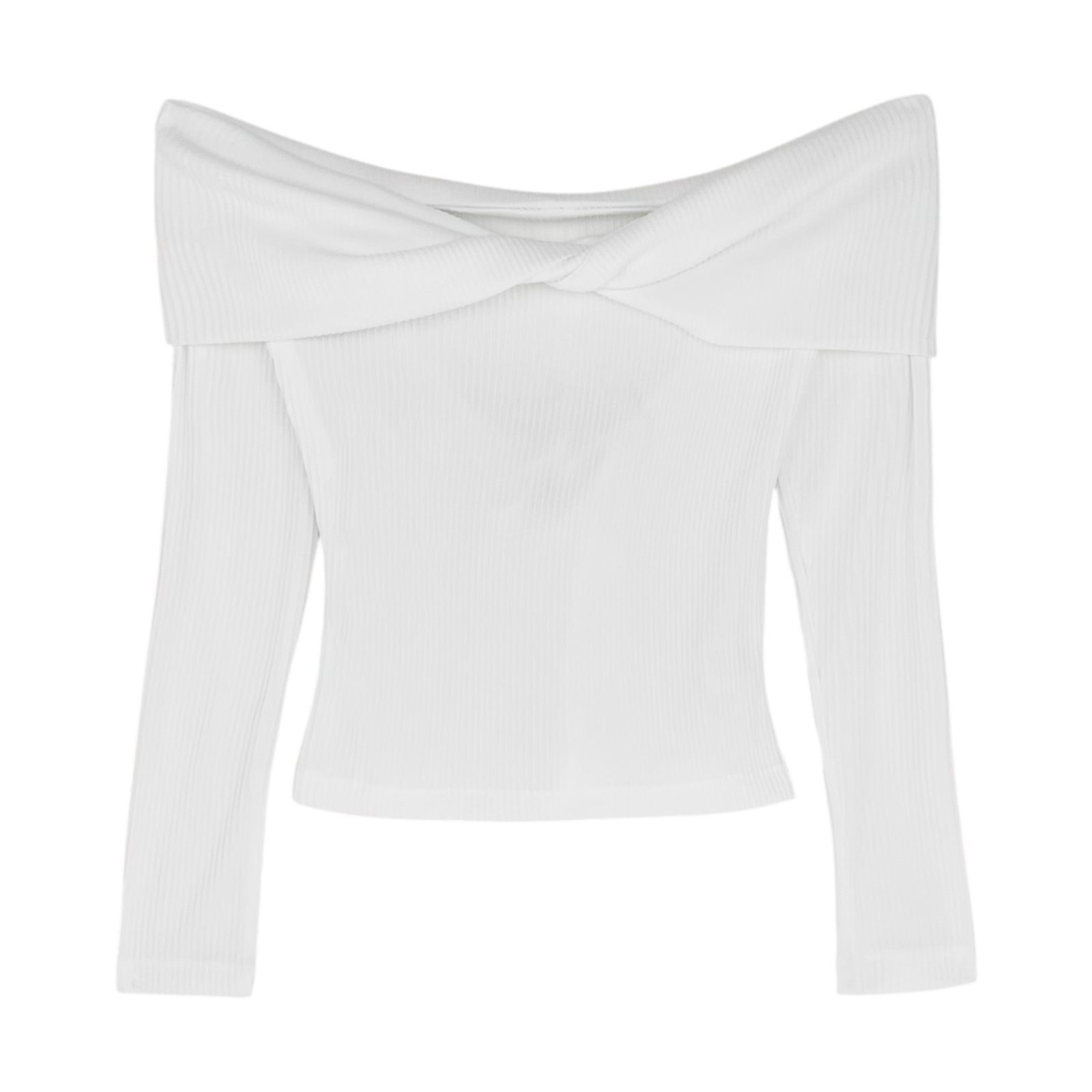 Áo thun kiểu trễ vai xoắn ngực tay dài cut out lưng chất thun gân - A3961Q