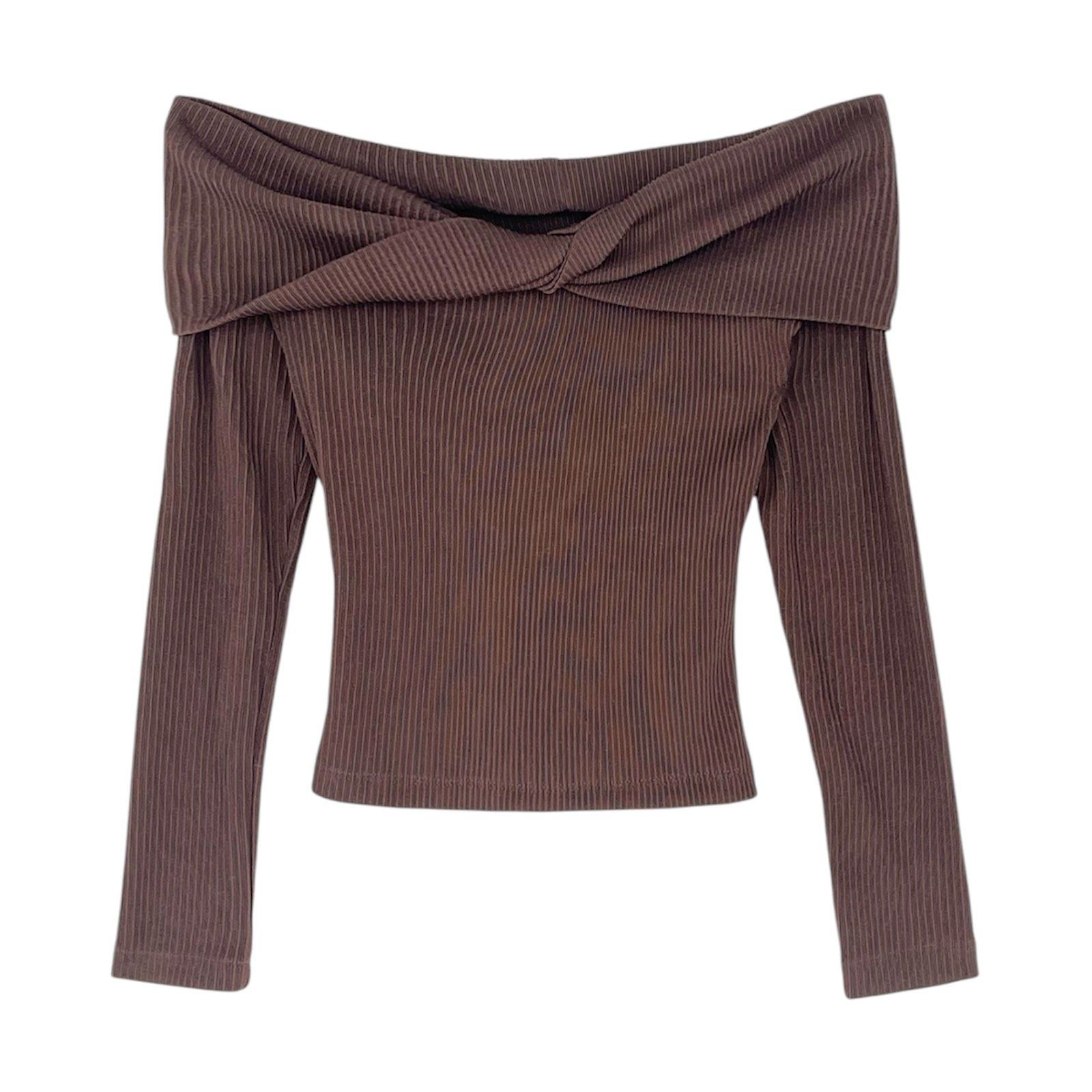 Áo thun kiểu trễ vai xoắn ngực tay dài cut out lưng chất thun gân - A3961Q