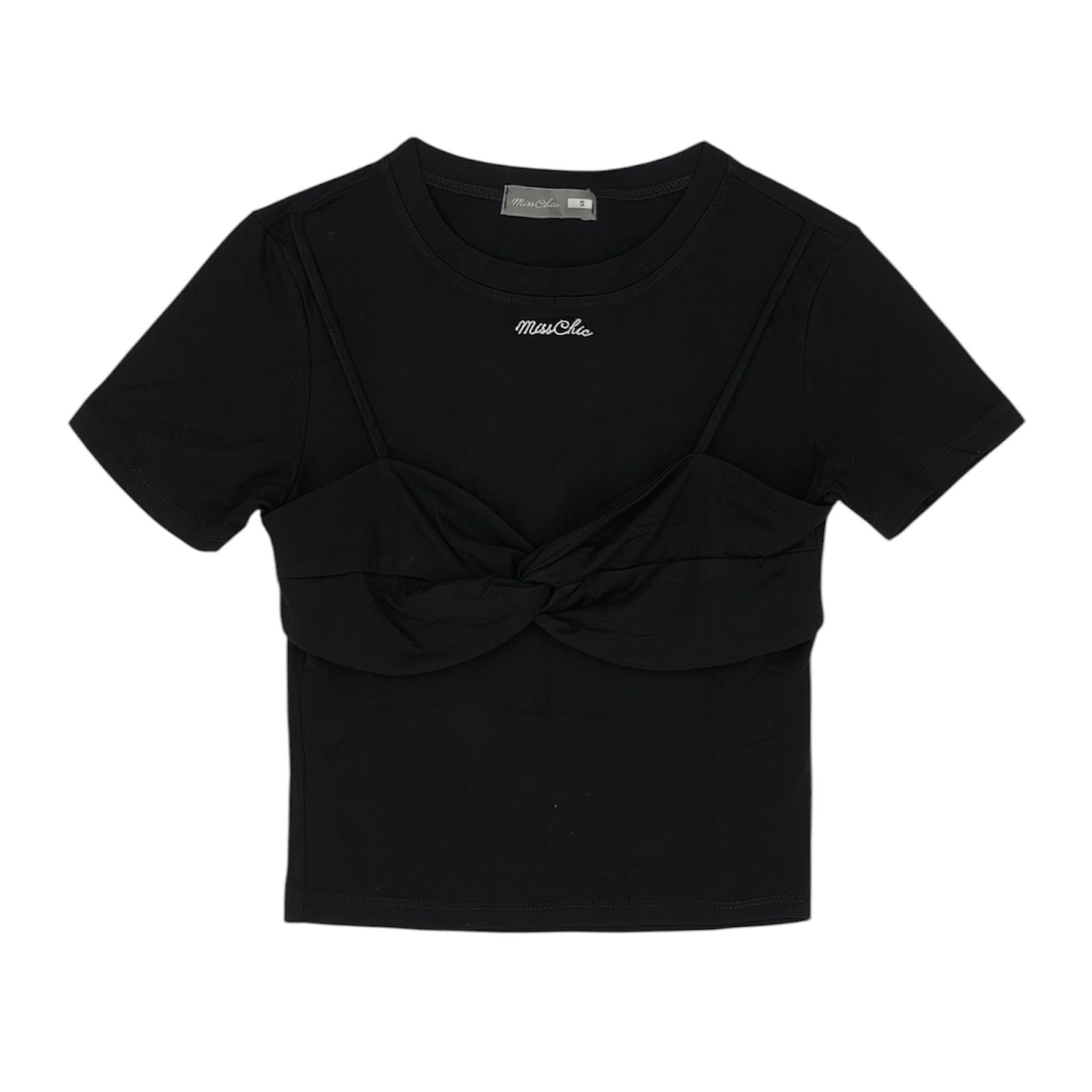 Áo thun kiểu layer xoắn ngực thêu chữ miss chic chất thun lụa lạnh - A3950Q