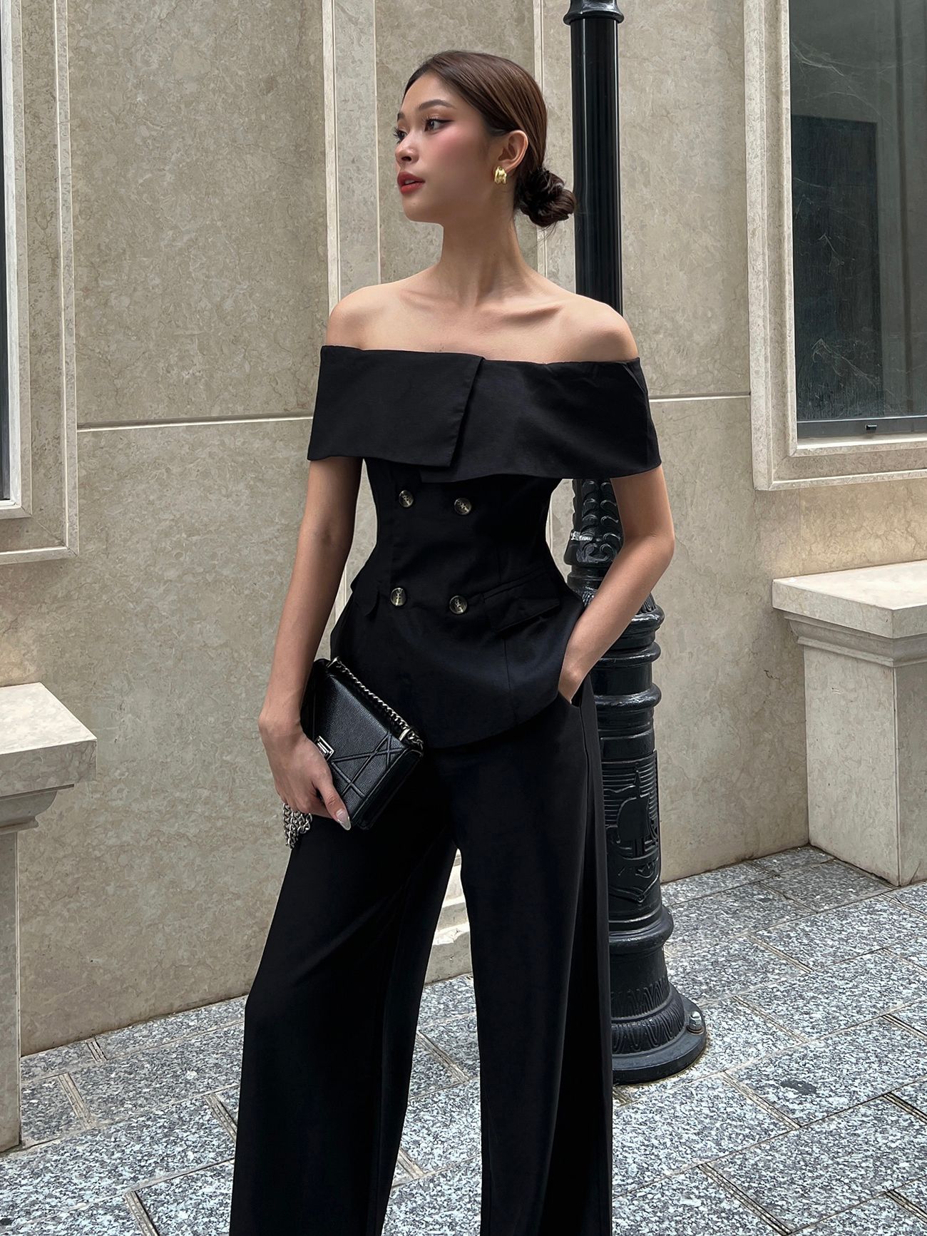 Áo kiểu peplum trễ vai bản to - A2402