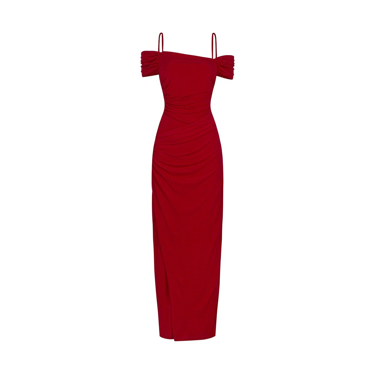 Đầm dự tiệc body dài 2 dây trễ vai nhún hông chất thun rayon-D4122B