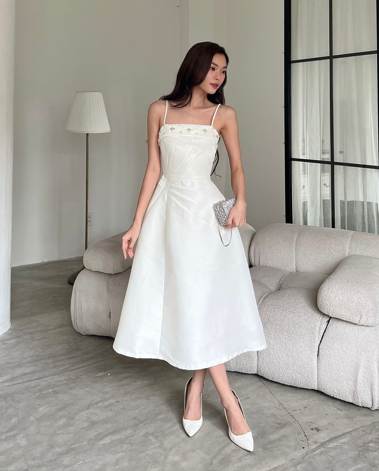 Đầm dự tiệc 2 dây phối viền đá - D2842