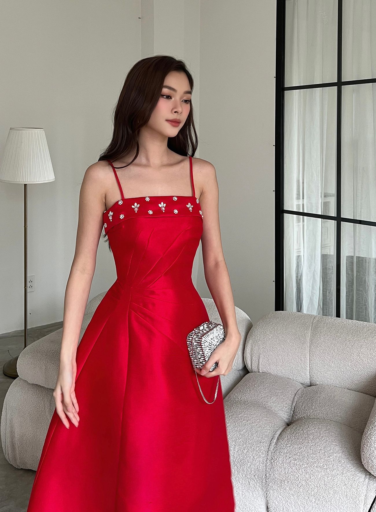 Đầm dự tiệc 2 dây phối viền đá - D2842