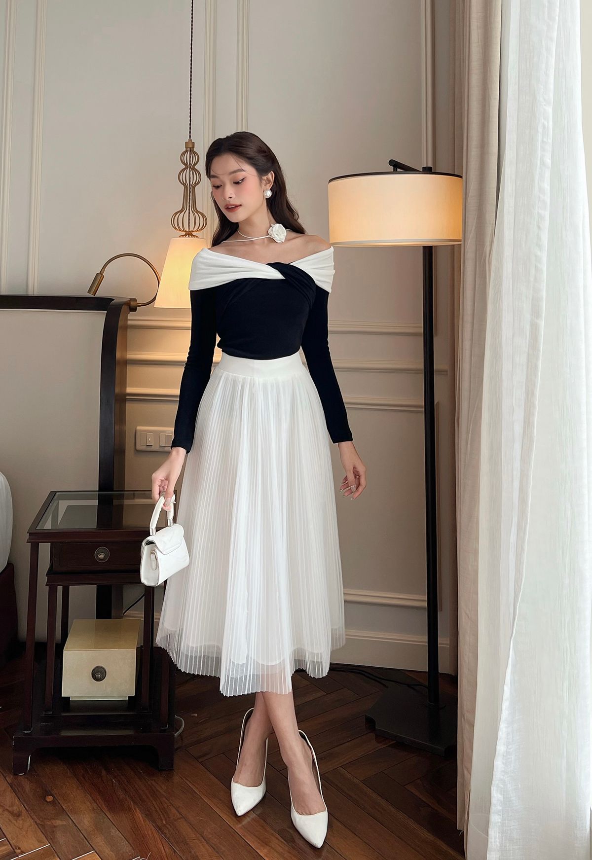 Áo Thun ánh kim tay dài phối trắng-A2356