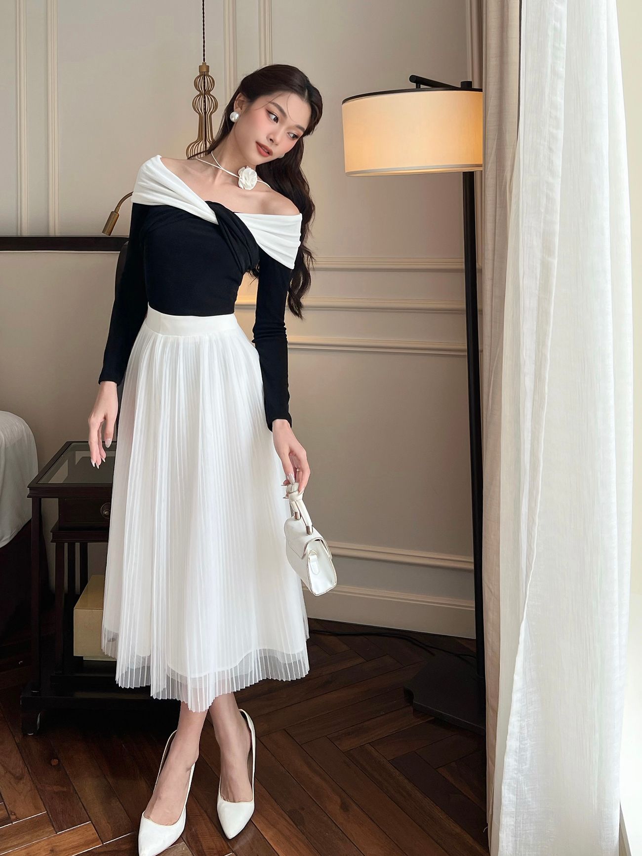 Chân váy dài vải lưới dập ly - V1629