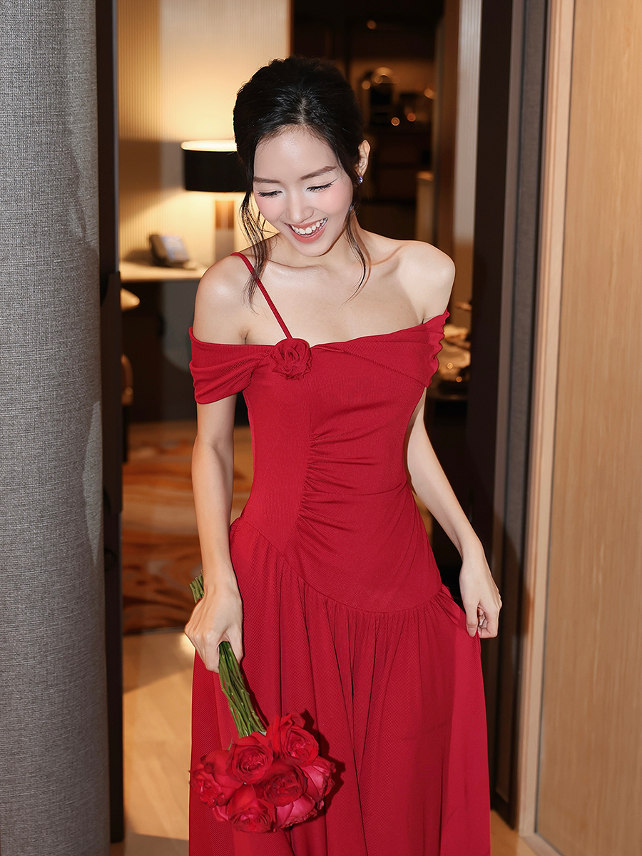 Đầm dự tiệc dài kết hoa vải - D4214A