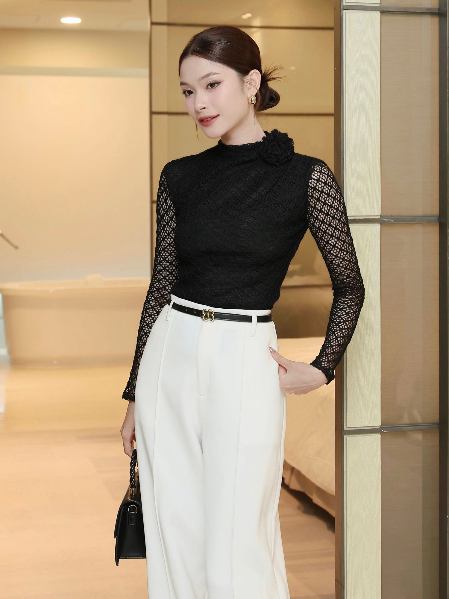 Áo kiểu tiệc cotton lưới kèm hoa A4373N