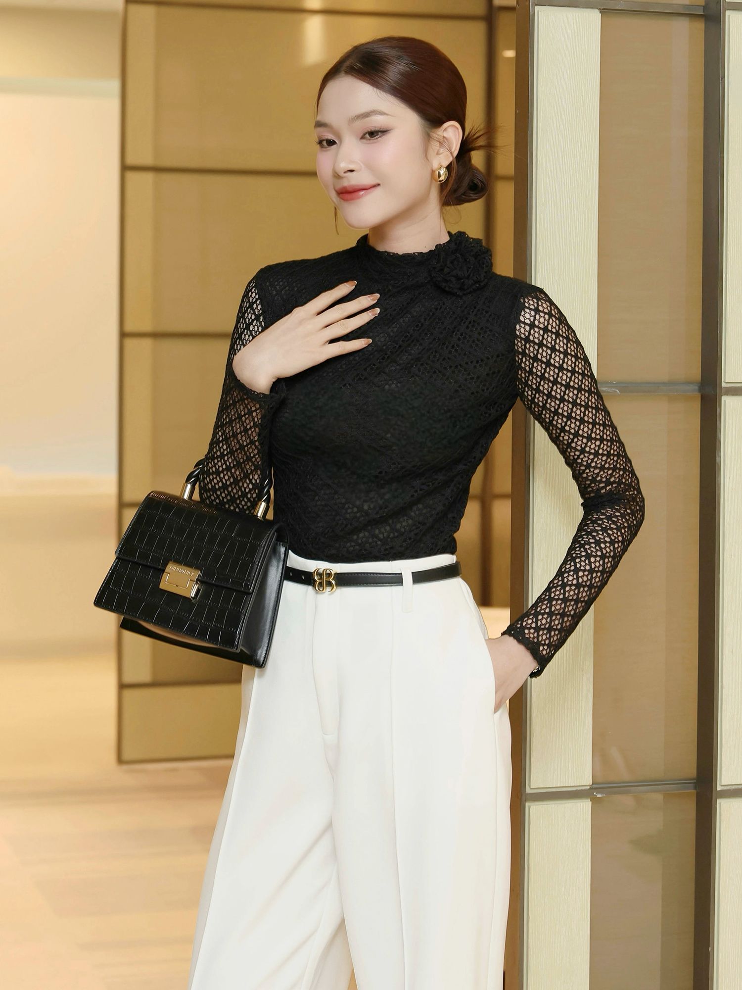 Áo kiểu tiệc cotton lưới kèm hoa A4373N