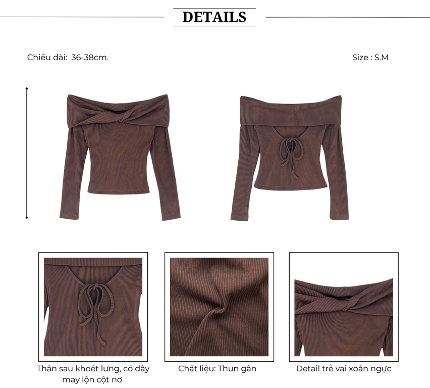 Áo thun kiểu trễ vai xoắn ngực tay dài cut out lưng chất thun gân - A3961Q