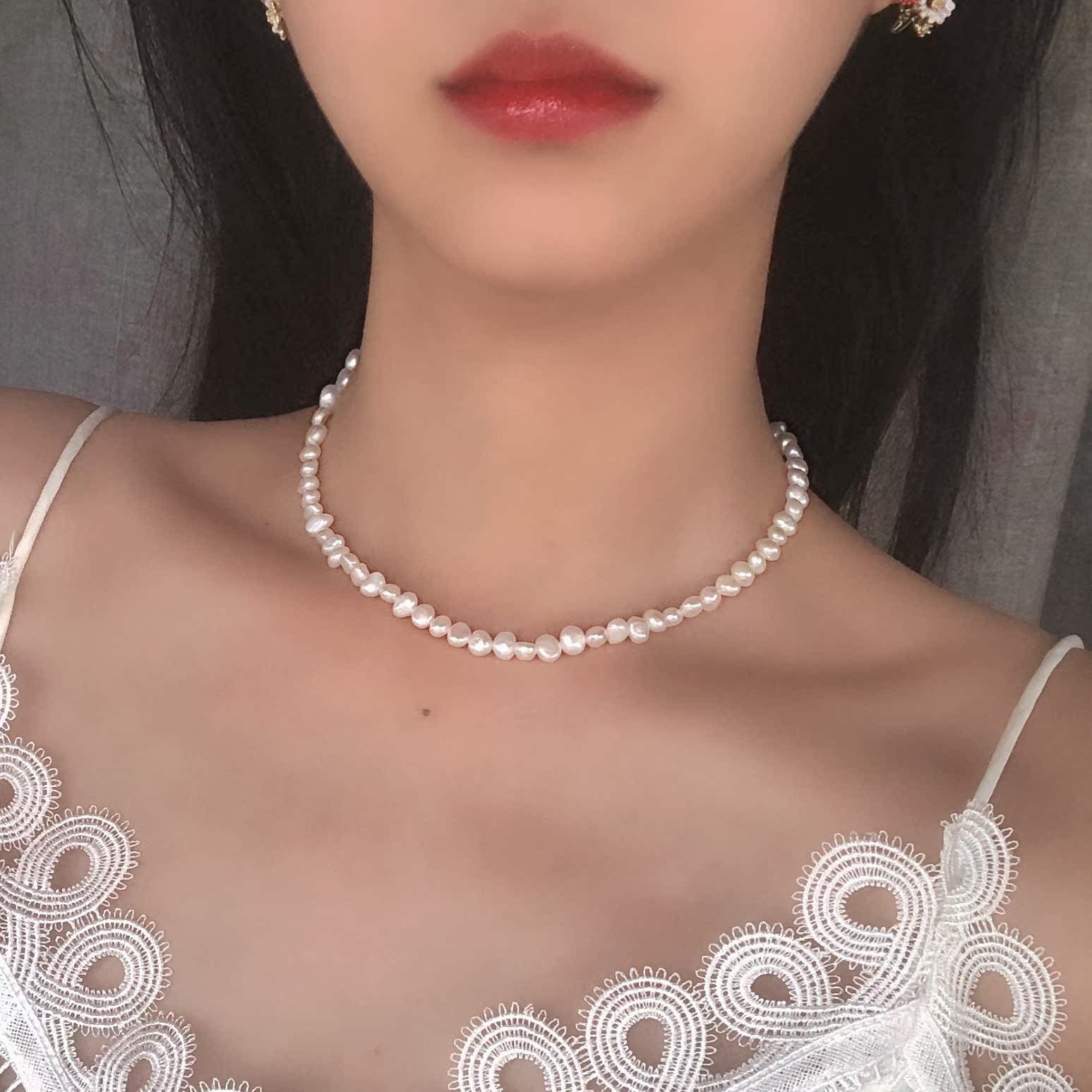 Dây chuyền nữ choker ngọc trai thô nước ngọt-N11