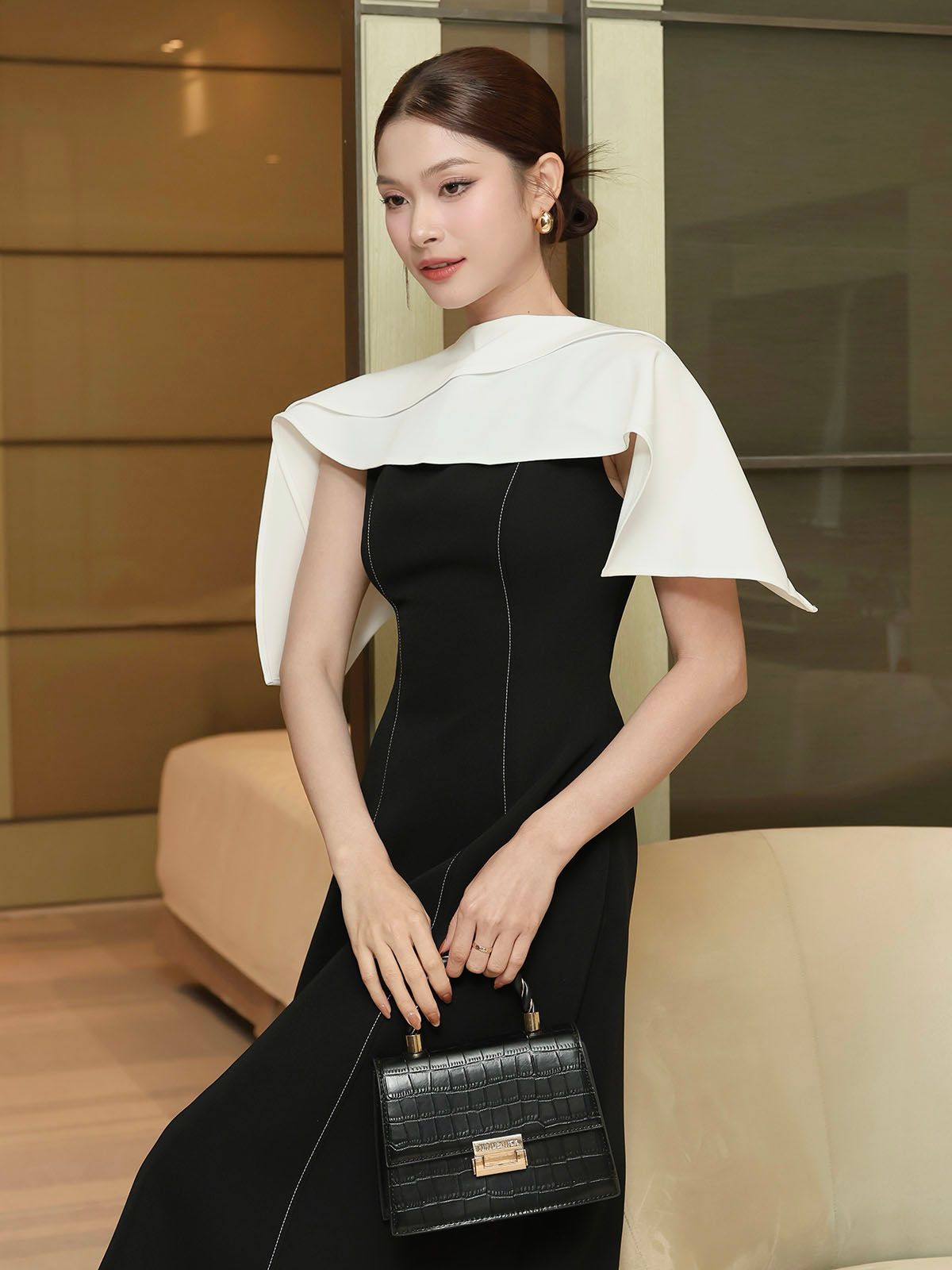 Đầm xoè tiệc dài cotton cổ thuyền D4331A