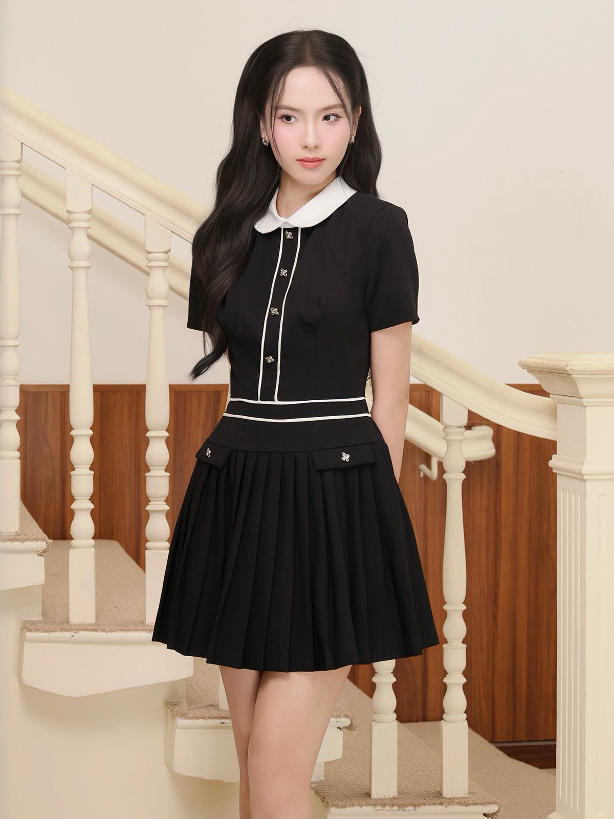 Đầm xoè dạo phố ngắn cổ lá sen D4427A