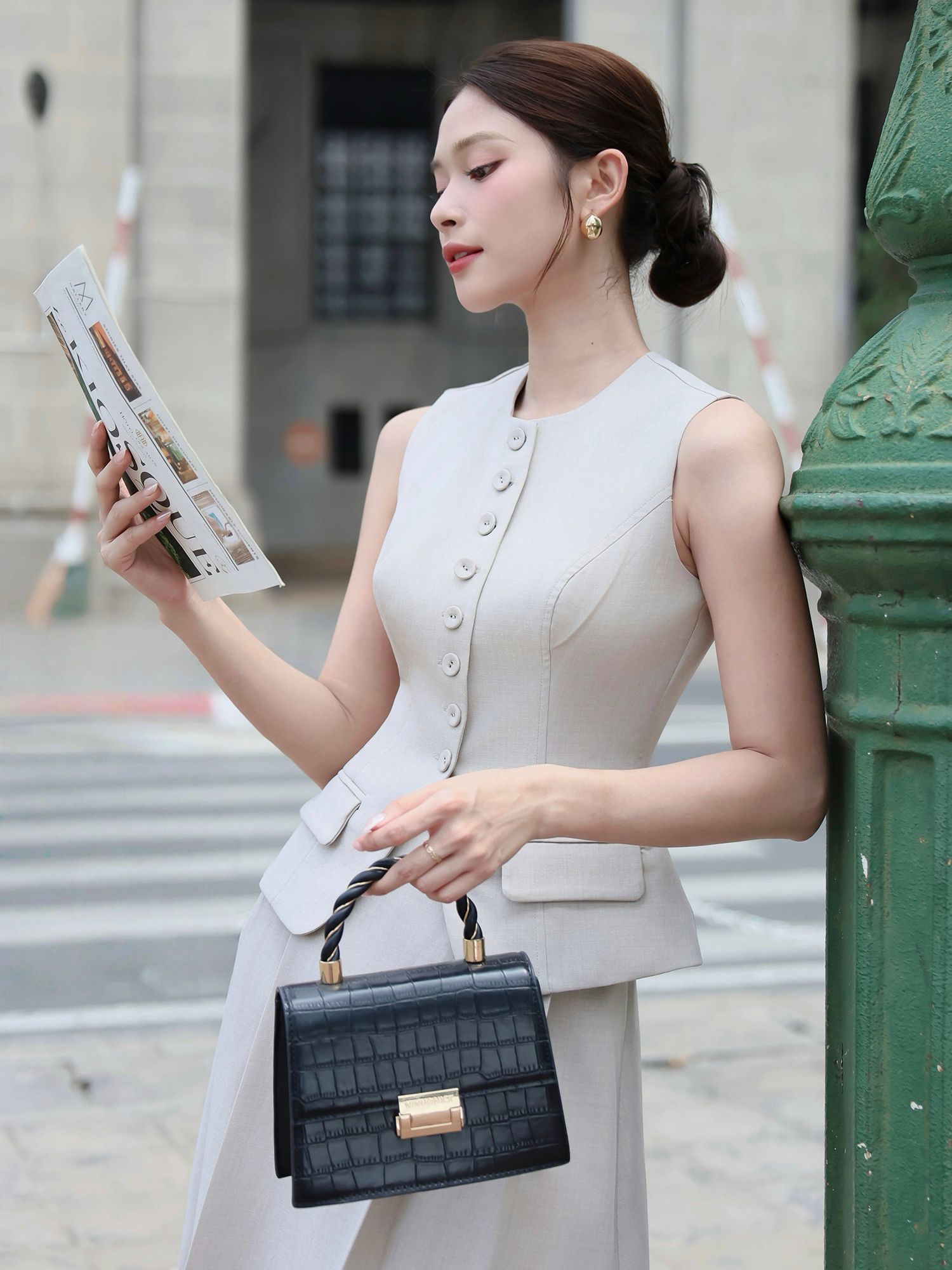 Áo gile công sở nút bọc cotton A4398A