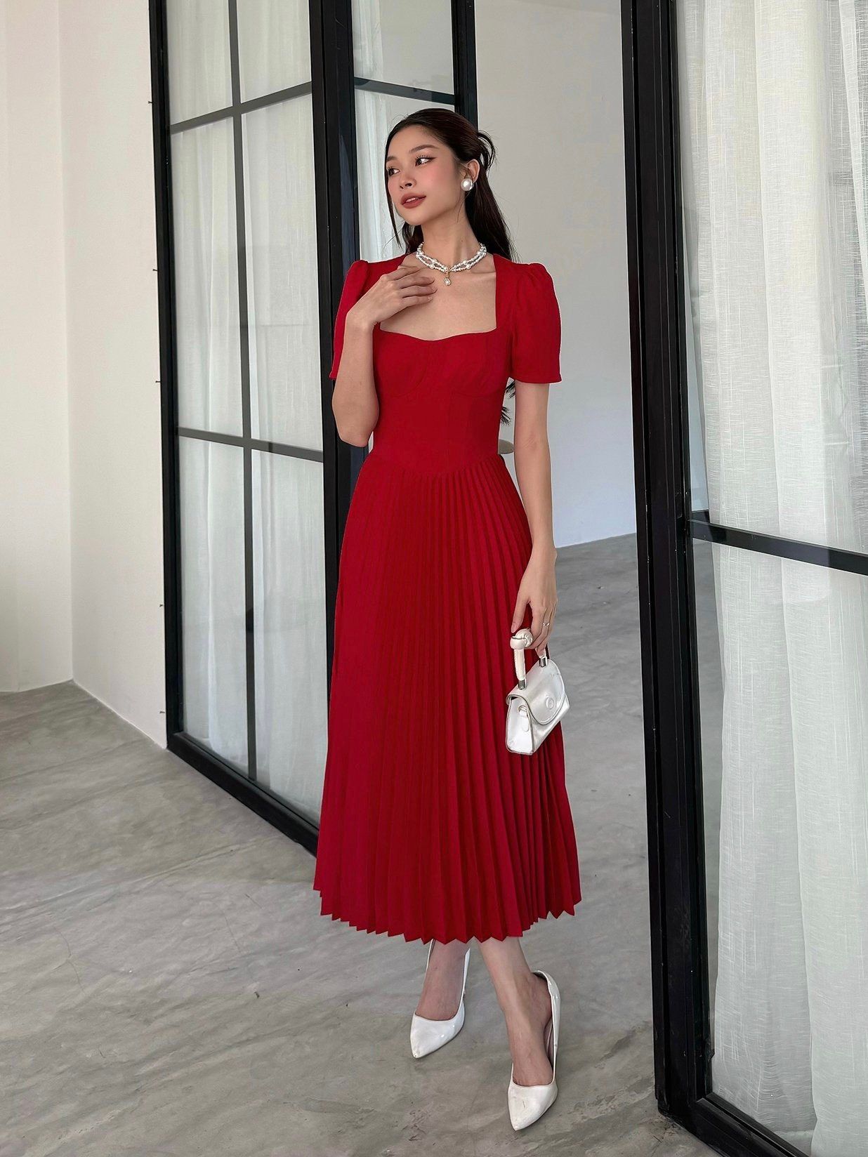 Đầm xòe phối Xếp ly dáng dài -D3128