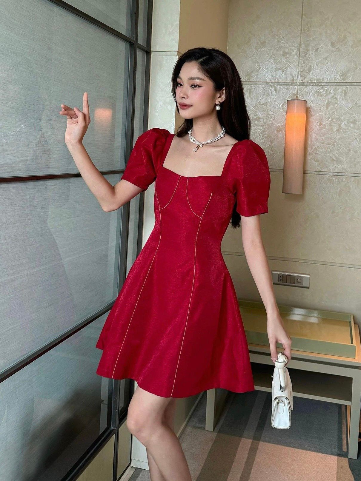 Đầm xòe ngắn viền chỉ cột dây nơ - D2926