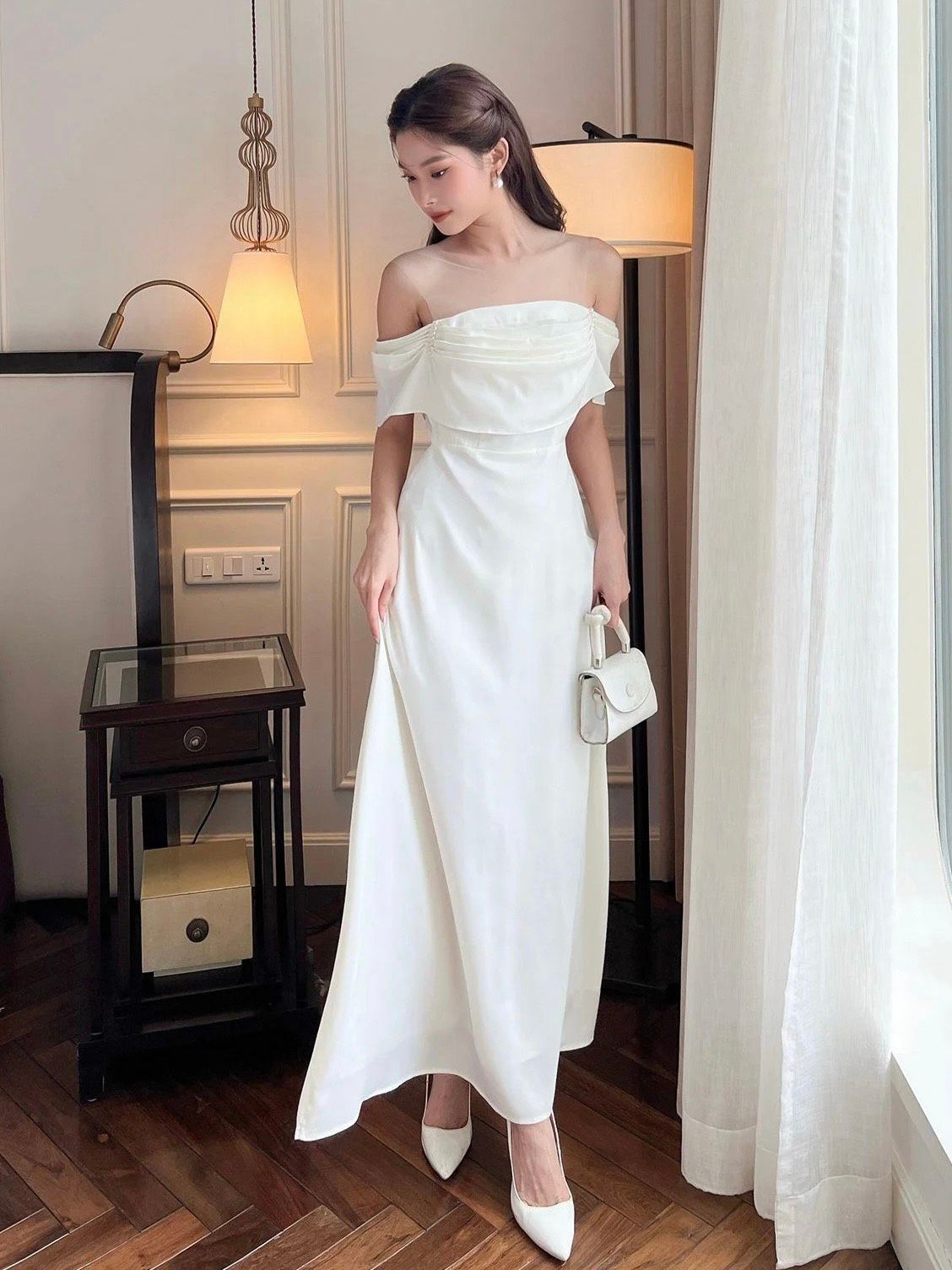 Đầm dự tiệc trễ vai form dài - D746