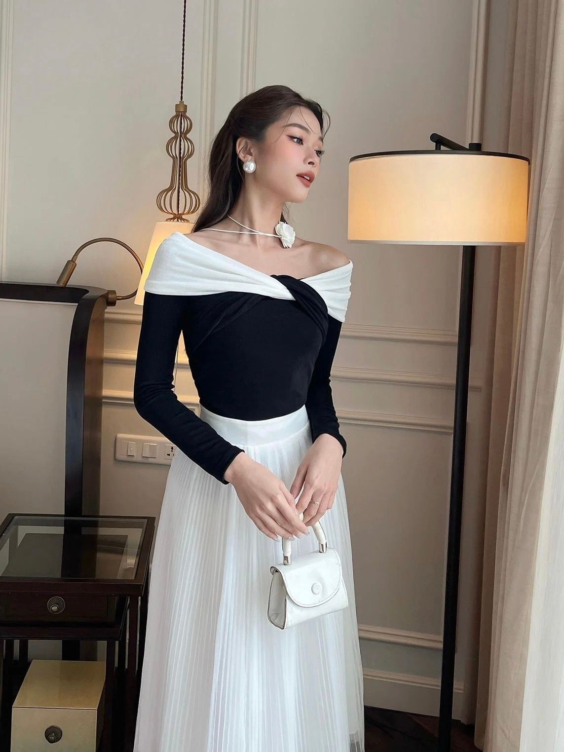 Áo Thun ánh kim tay dài phối trắng-A2356