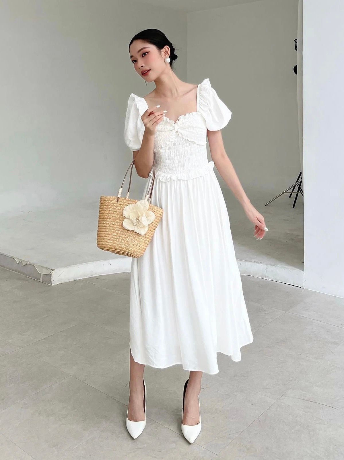 Đầm dài dự tiệc nhún thun chỉ - D1923