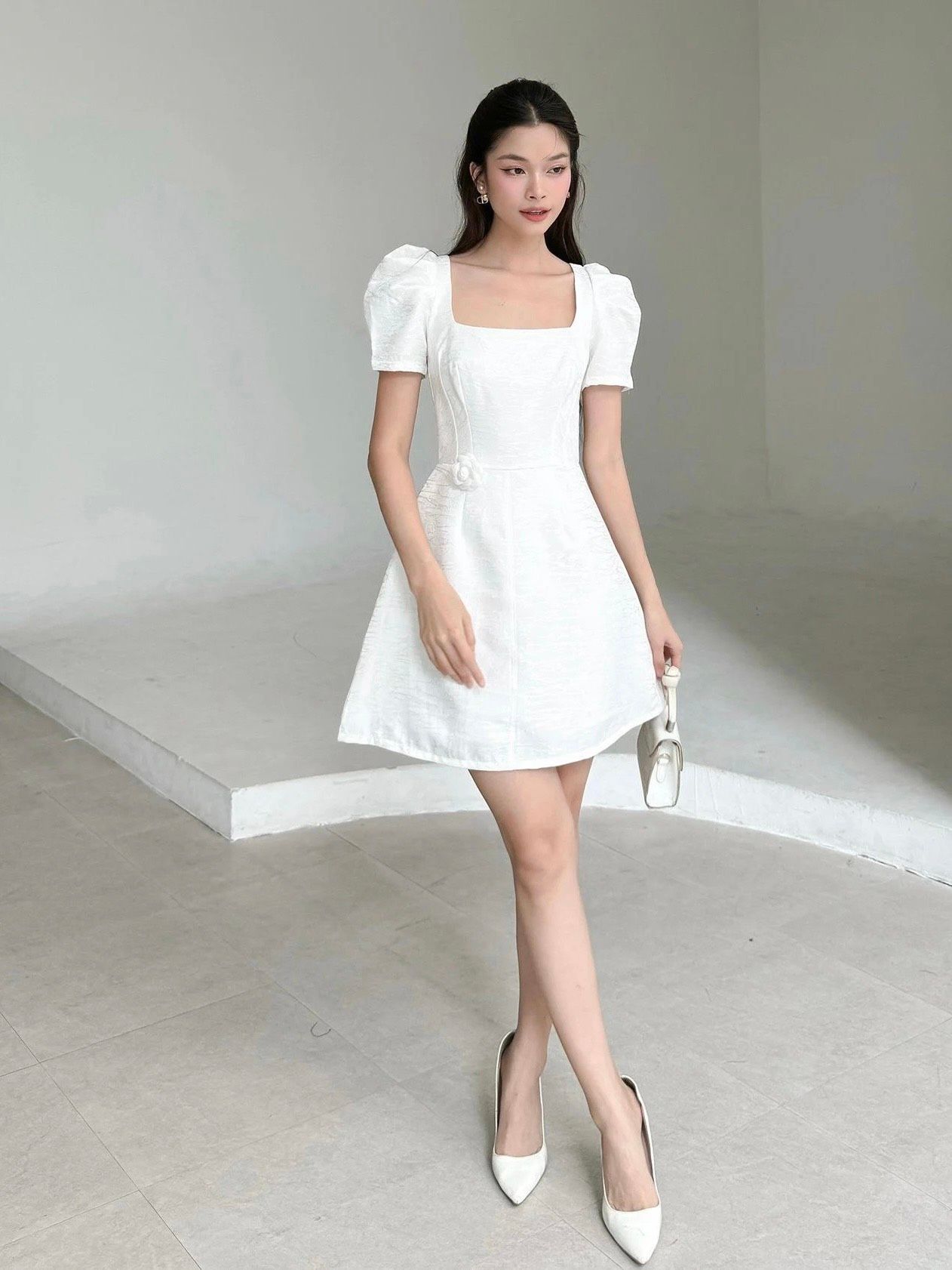 Đầm ngắn tay phồng vải vân đá - D3103