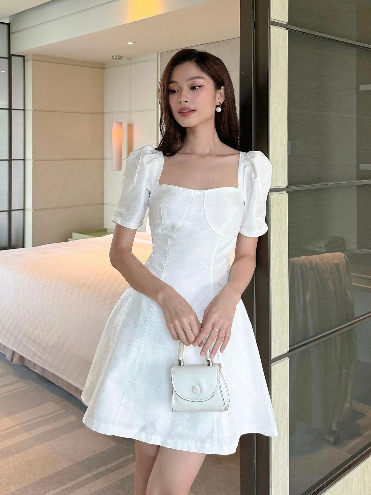 Đầm xòe ngắn viền chỉ cột dây nơ - D2926