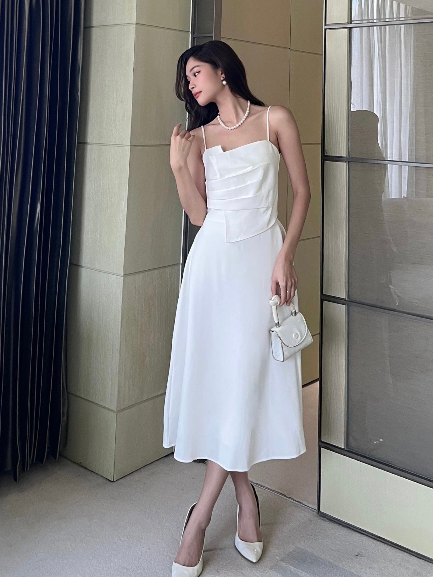 Đầm xòe dài 2 dây xếp ngực - D2811
