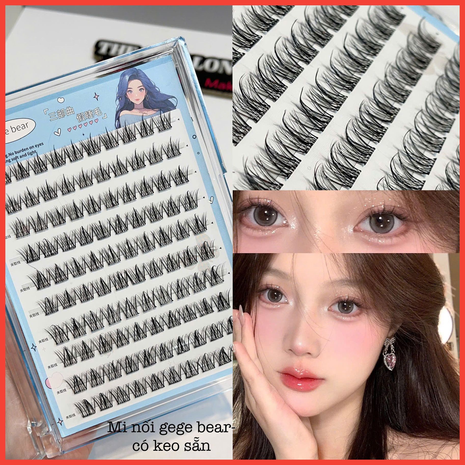 Gege Bear hộp lông mi giả 100 cụm tự nối tại nhà (có keo nối mi sẵn)