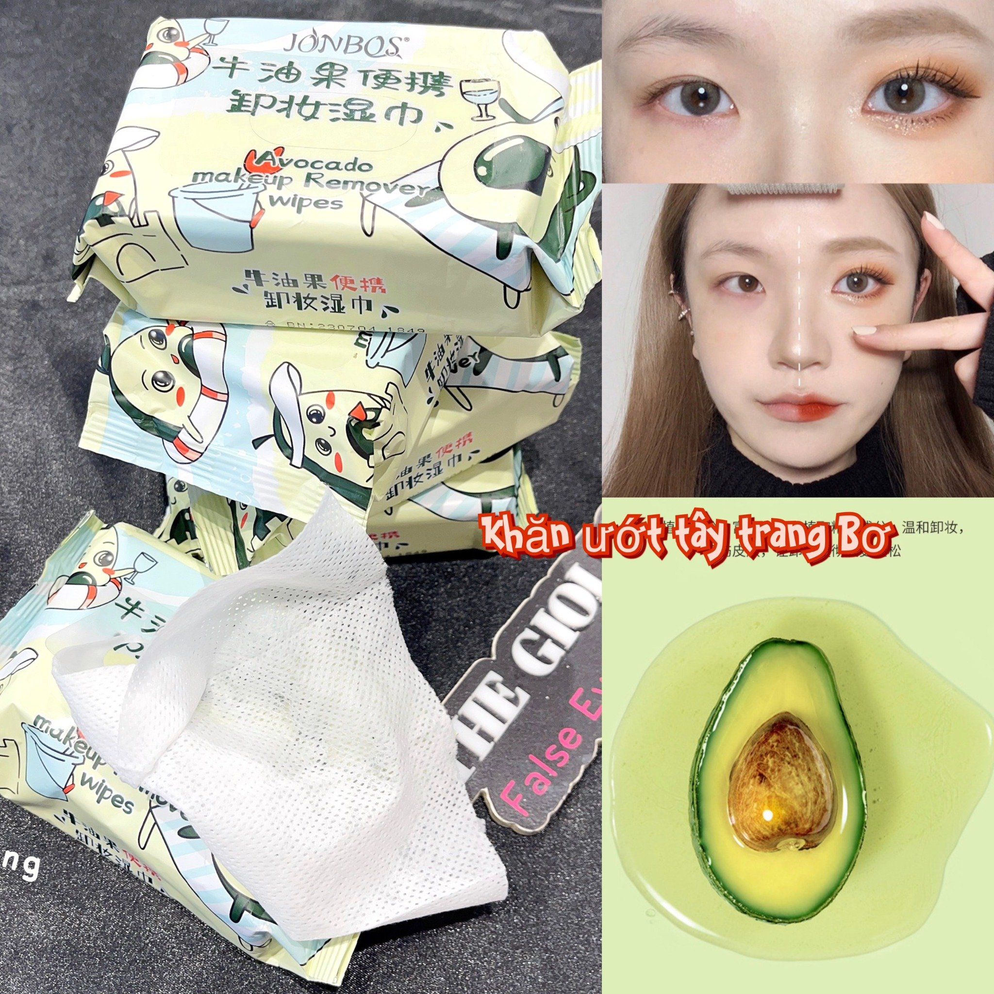Avocado khăn giấy ướt tẩy trang điểm sạch sâu 3 lớp thương hiệu Jonbos