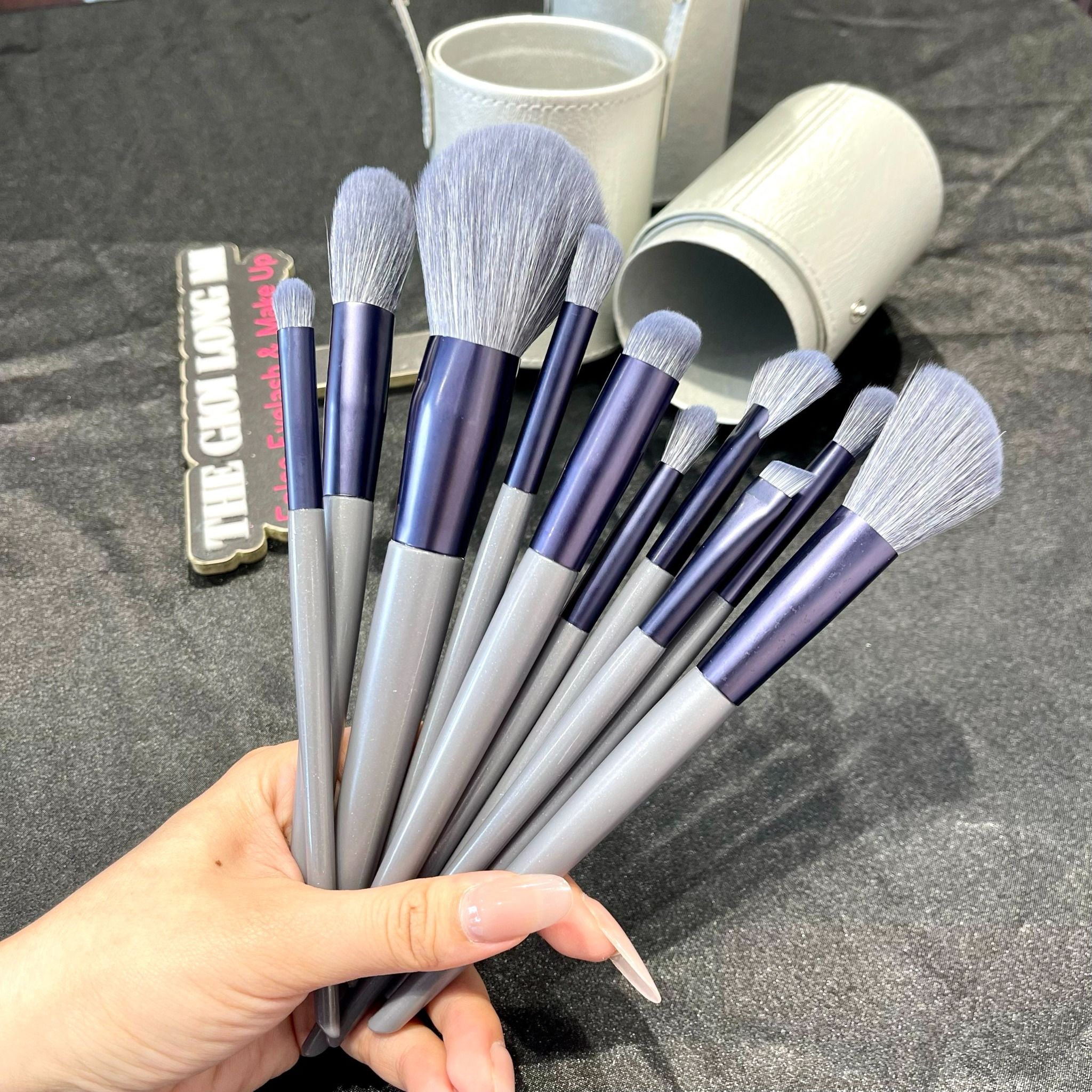  Grey Purple bộ cọ trang điểm 10 cây lon da sang trọng 