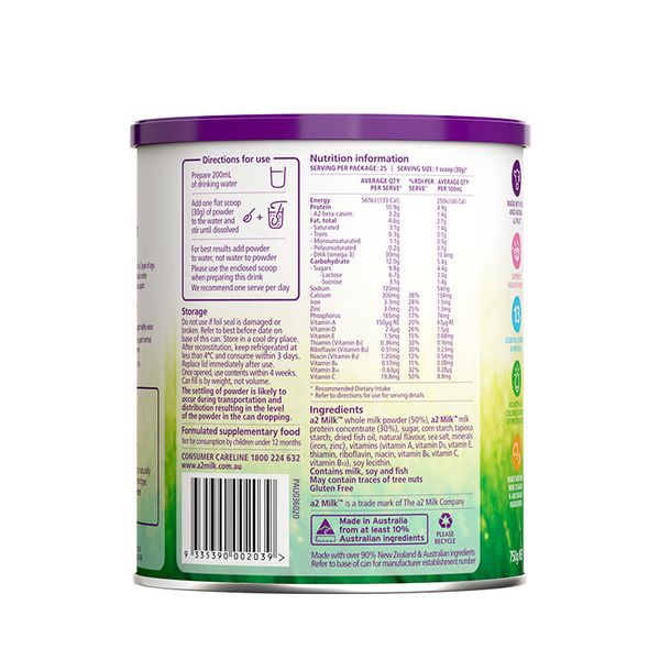  Sữa cho trẻ từ 4-12 tuổi A2 Smart Nutrition 750g từ ÚC 