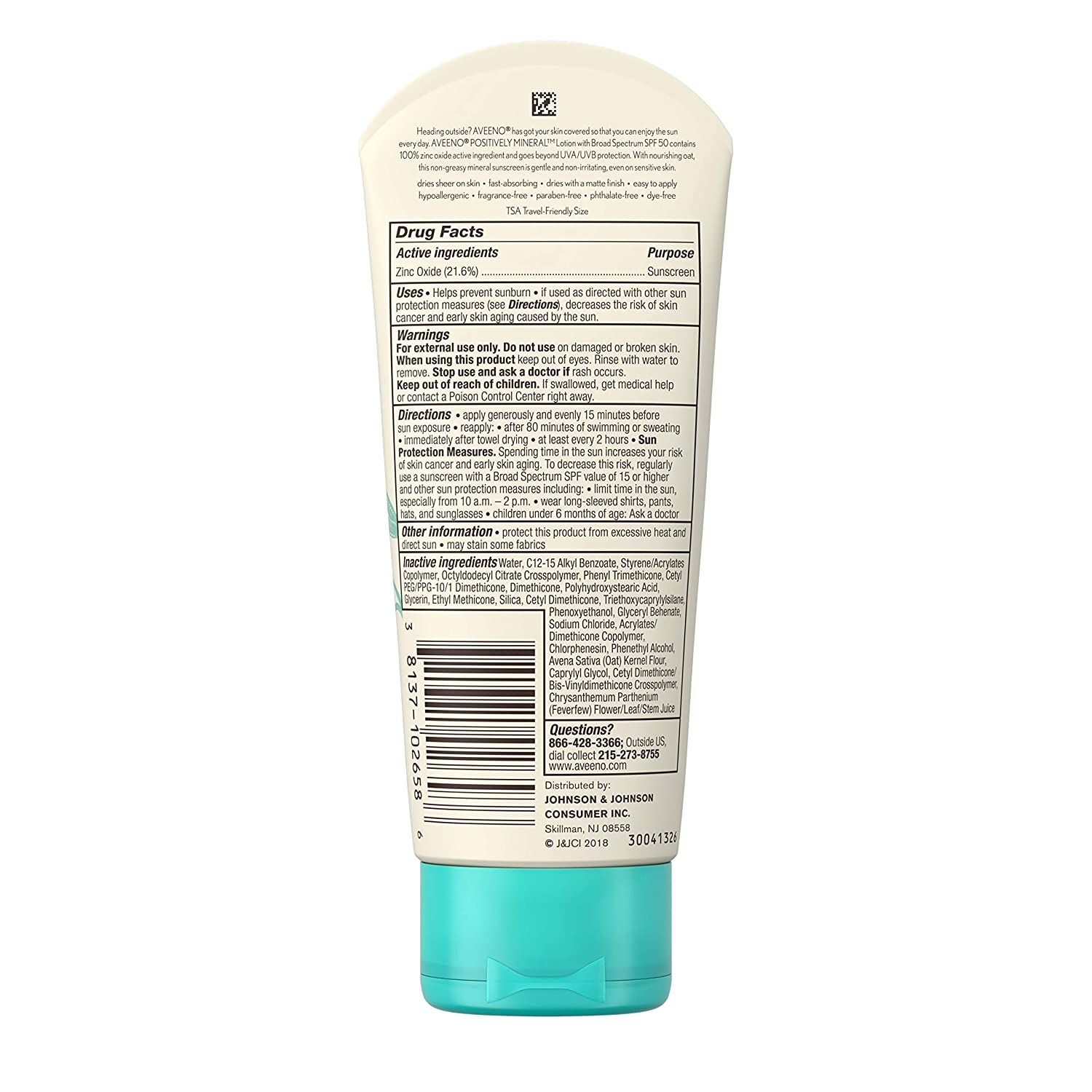  Kem chống nắng Aveeno Positively Mineral Sensitive Skin Daily Sunscreen Lotion with SPF 50 