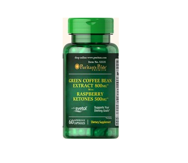 Hỗ trợ ăn kiêng, giảm cân Puritan's Pride Green Coffee Bean Extract 800mg with Raspberry Ketones 500mg with Svetol, 60 viên