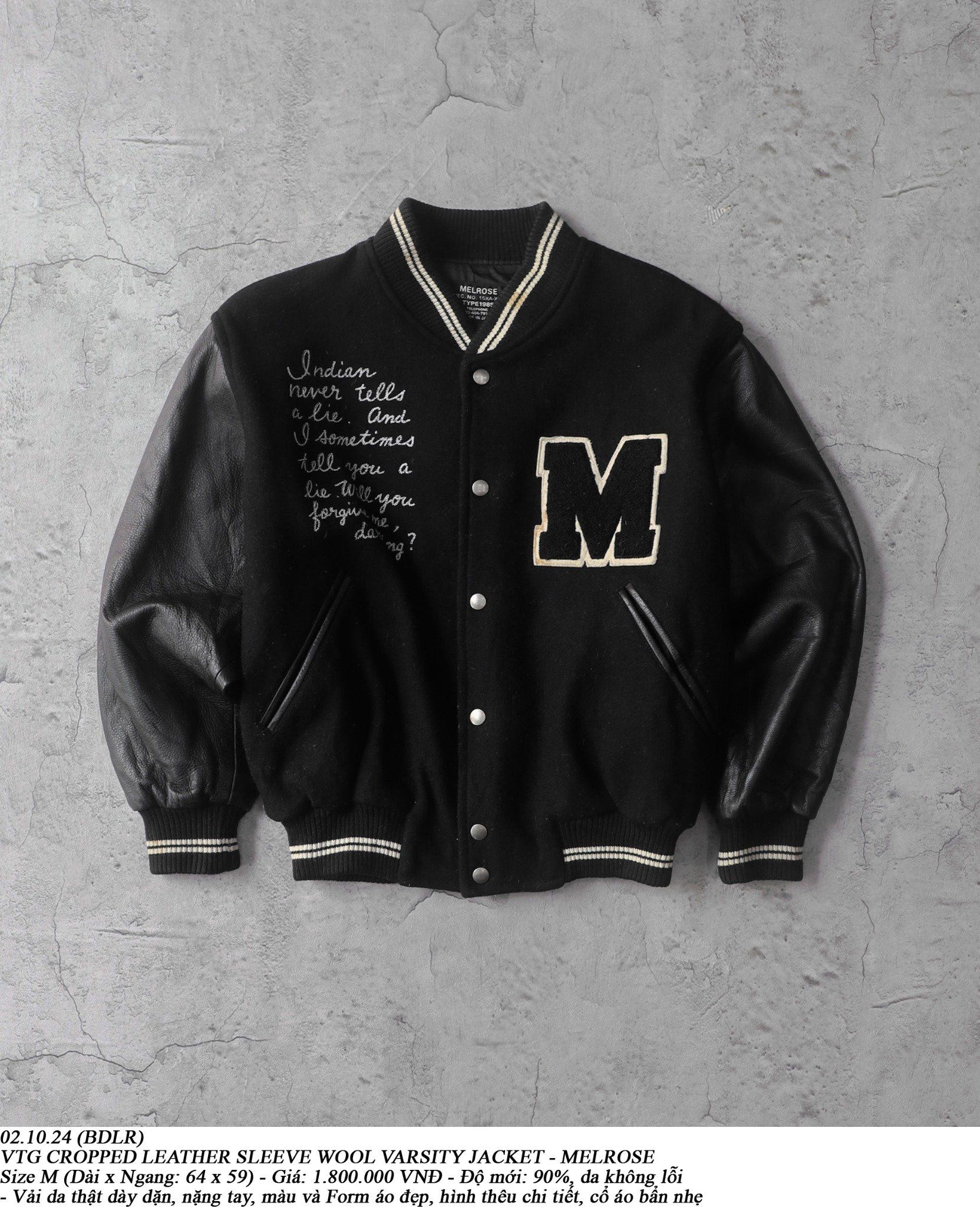 02.10.24 - VTG CROPPED LEATHER SLEEVE WOOL VARSITY JACKET - MELROSE
