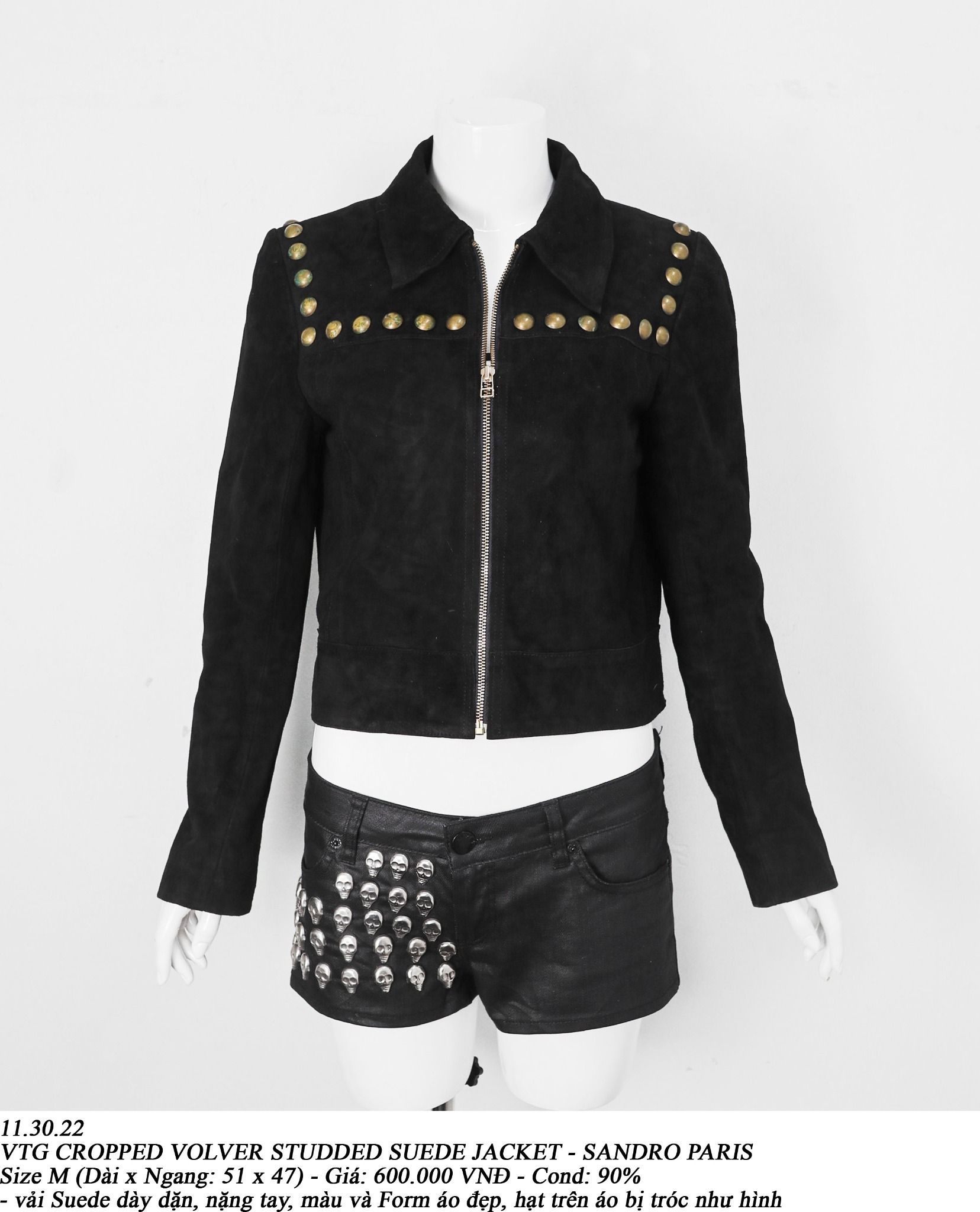 11.30.22 - VTG CROPPED VOLVER STUDDED SUEDE JACKET - SANDRO PARIS