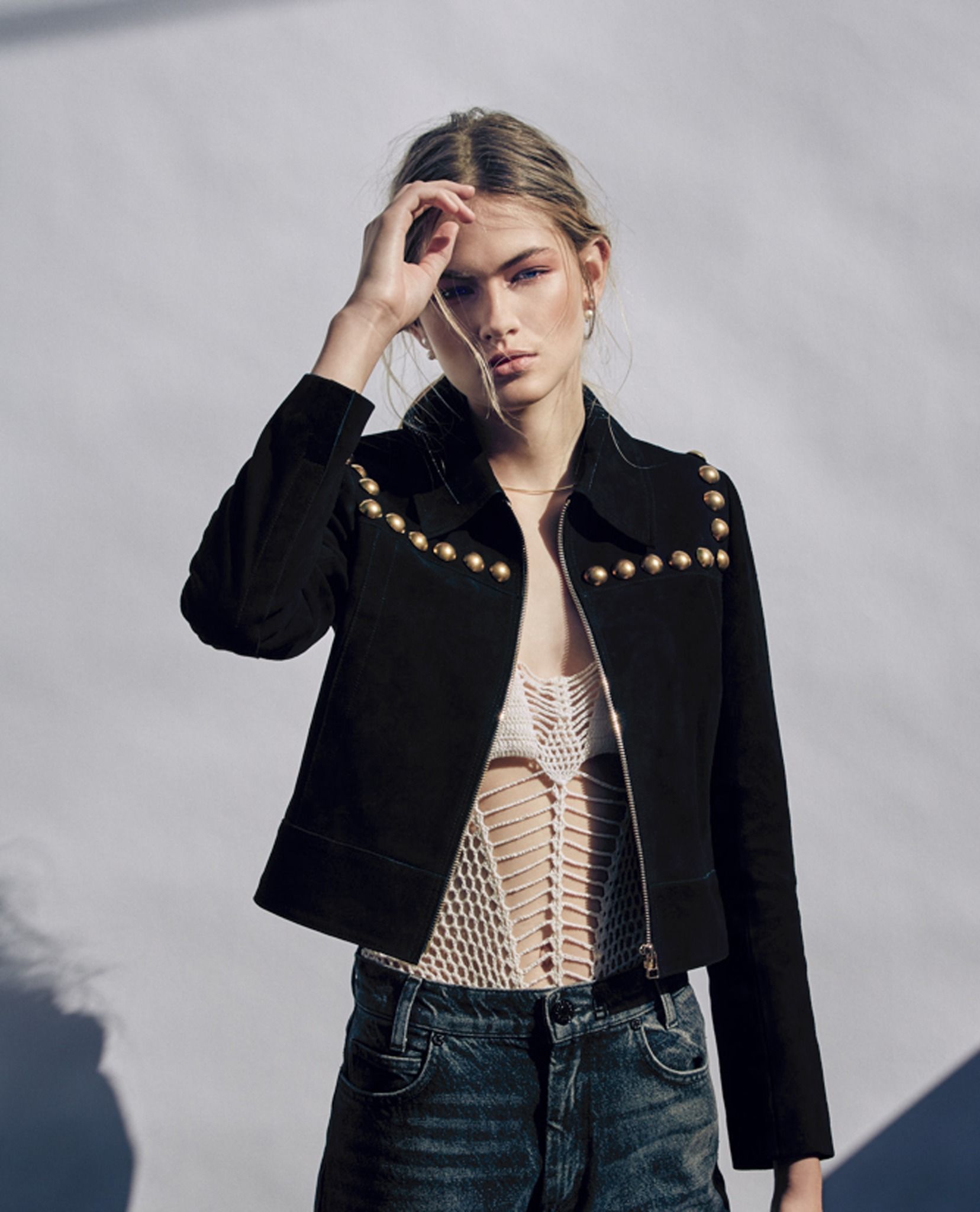 11.30.22 - VTG CROPPED VOLVER STUDDED SUEDE JACKET - SANDRO PARIS
