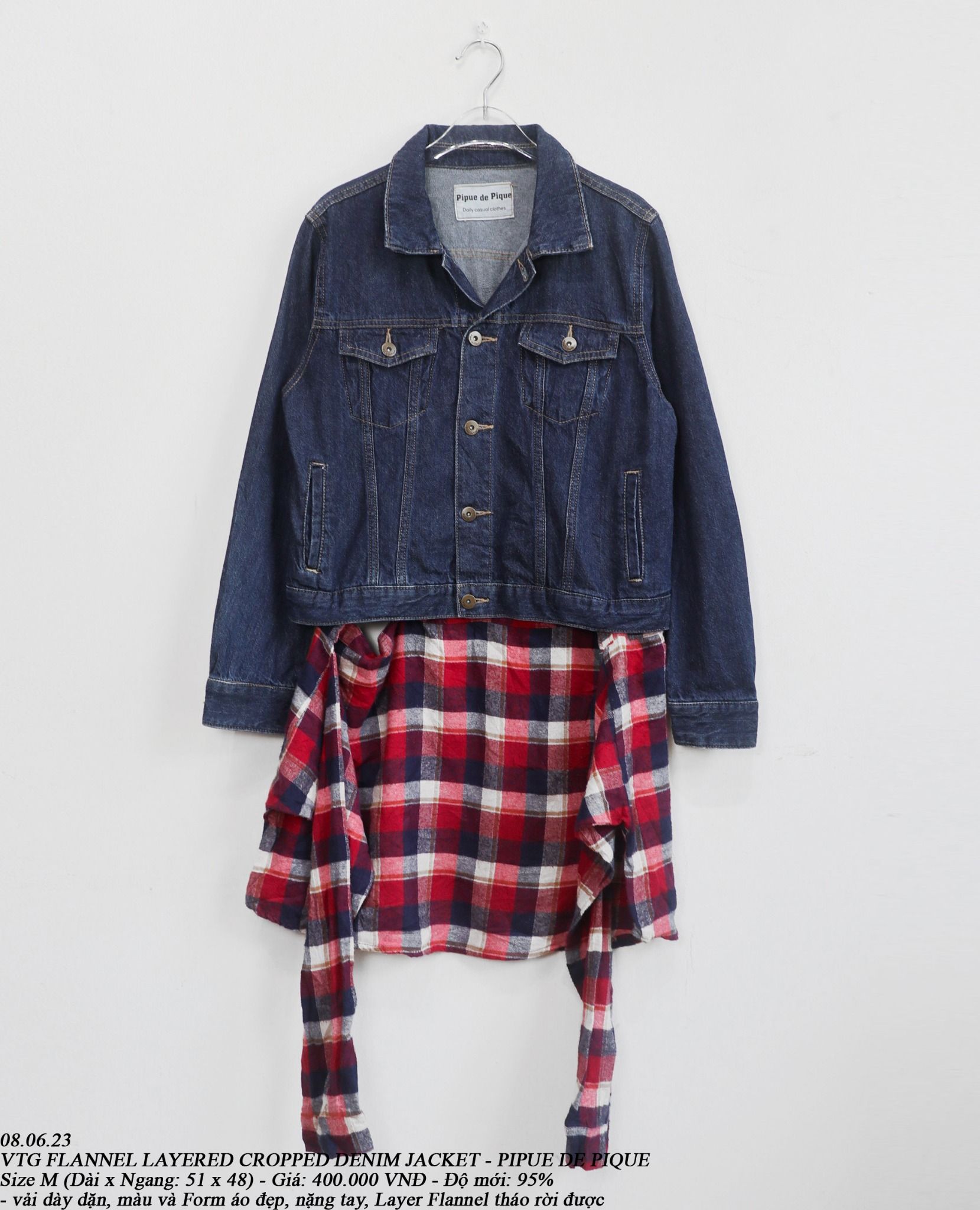 08.06.23 - VTG FLANNEL LAYERED CROPPED DENIM JACKET - PIQUE DE PIQUE