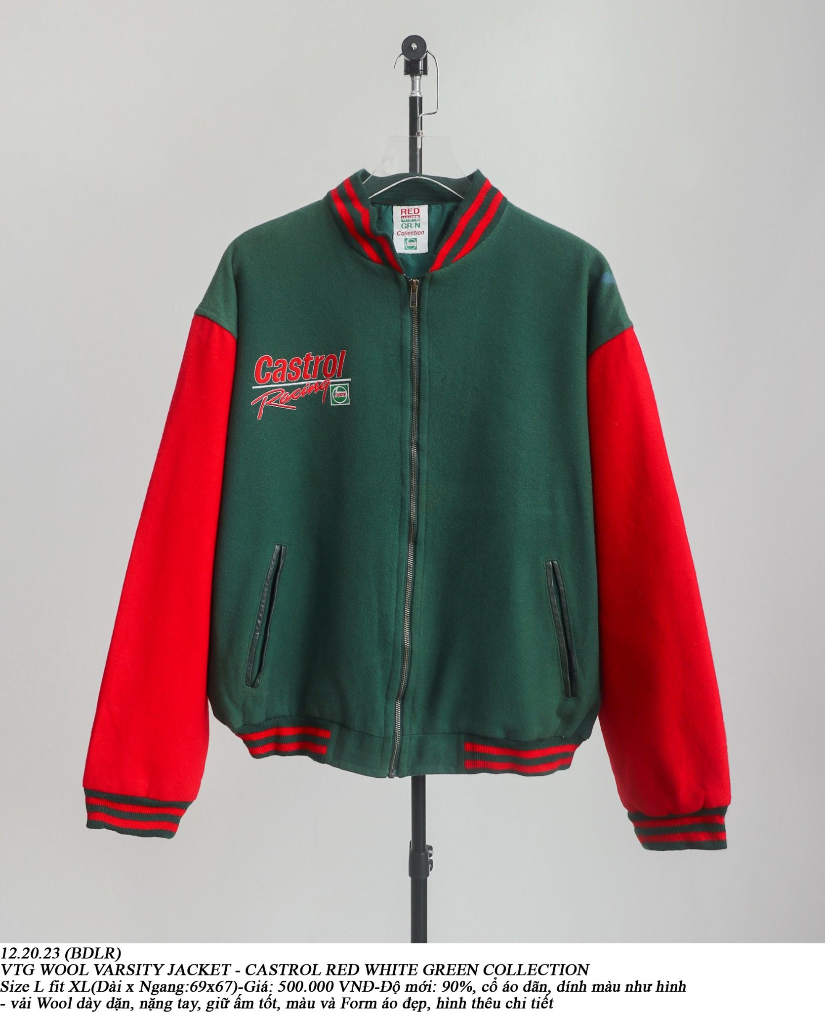 12.20.23 - VTG WOOL VARSITY JACKET - CASTROL RED WHITE GREEN COLLECTION