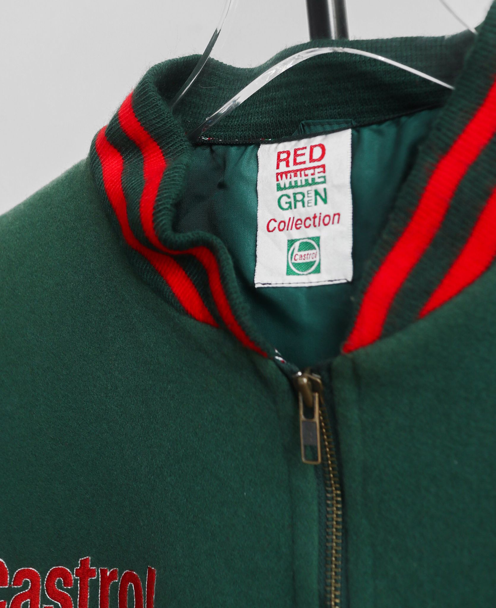 12.20.23 - VTG WOOL VARSITY JACKET - CASTROL RED WHITE GREEN COLLECTION