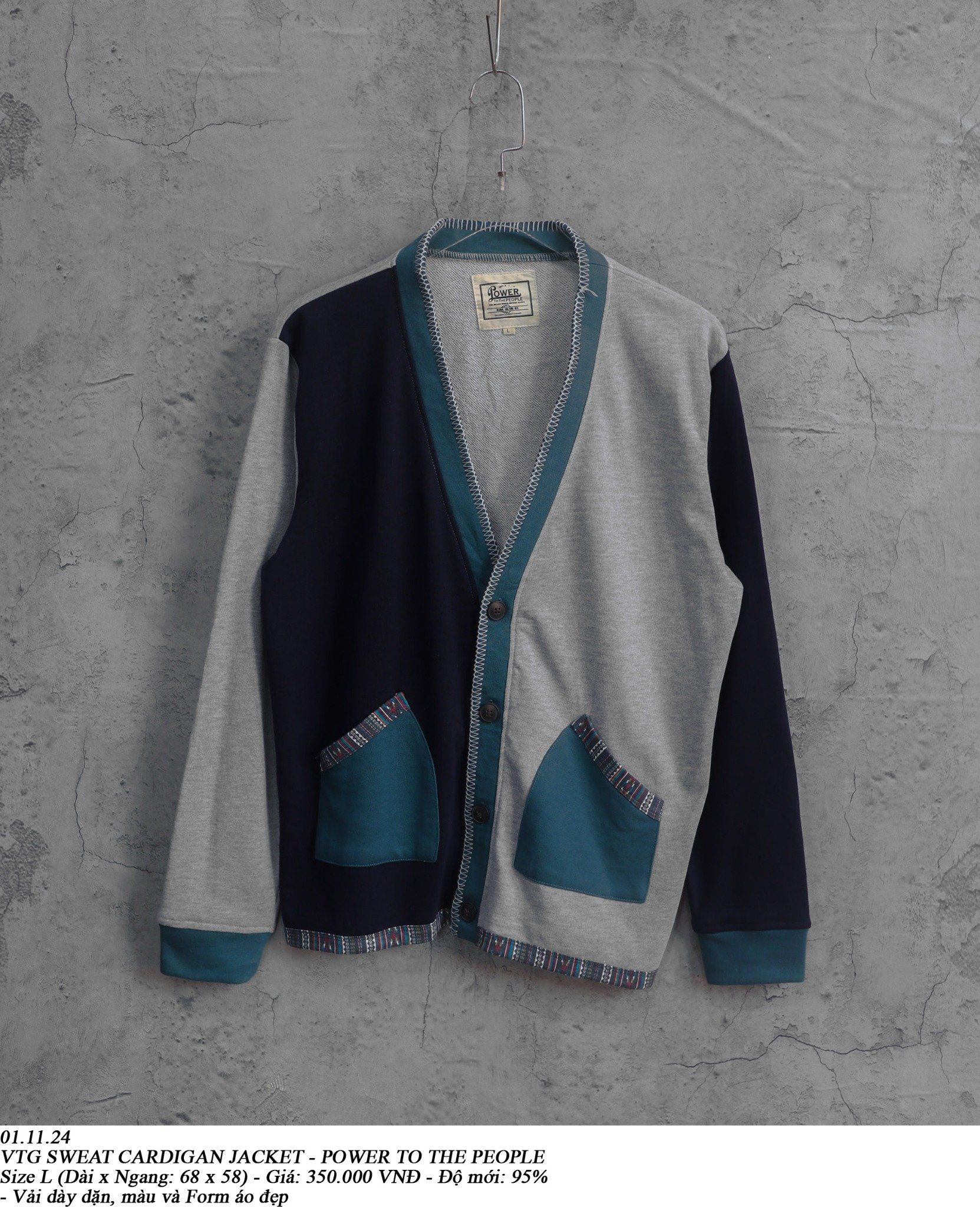 01.11.24 - VTG SWEAT CARDIGAN JACKET - POWER TO THE PEOPLE