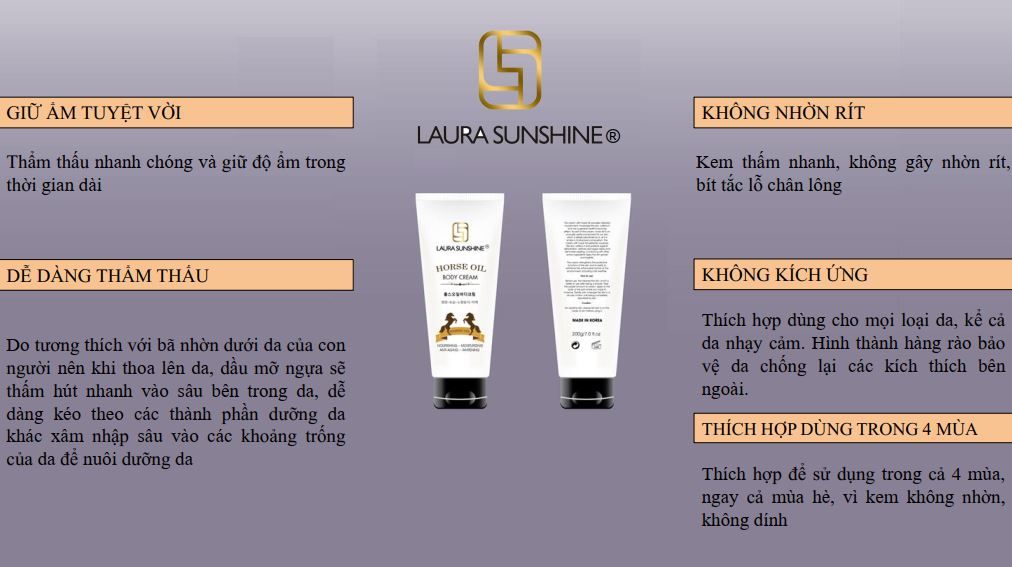 Kem Dưỡng Thể Dầu Ngựa 200g Ban đêm Horse Oil Body Cream Laura Sunshine Nhật Kim Anh