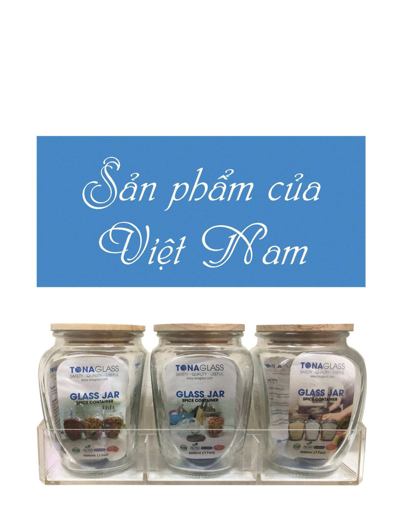 Bộ 3 hũ thủy tinh Tonaglass 500ml, nắp gỗ cao cấp có gioăng silicone, có khay bằng nhựa Acrylic