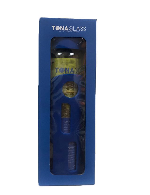 Bình nước thủy tinh Tonaglass dung tích 530ml nắp nhựa cao cấp, bọc nhựa sọc