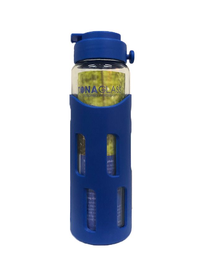 Bình nước thủy tinh Tonaglass dung tích 530ml nắp nhựa cao cấp, bọc nhựa sọc